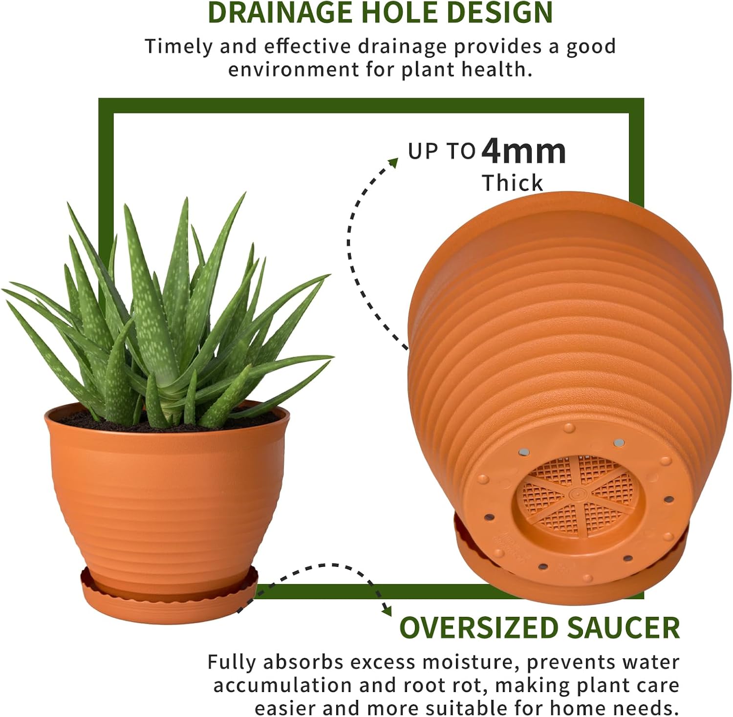 13.8 Inch Round Plastic Planters Urns with Drainage and Saucers, Set of 2, Large Flower Pots for Indoor Outdoor Plants, Available in Terracotta & White (Terracotta)