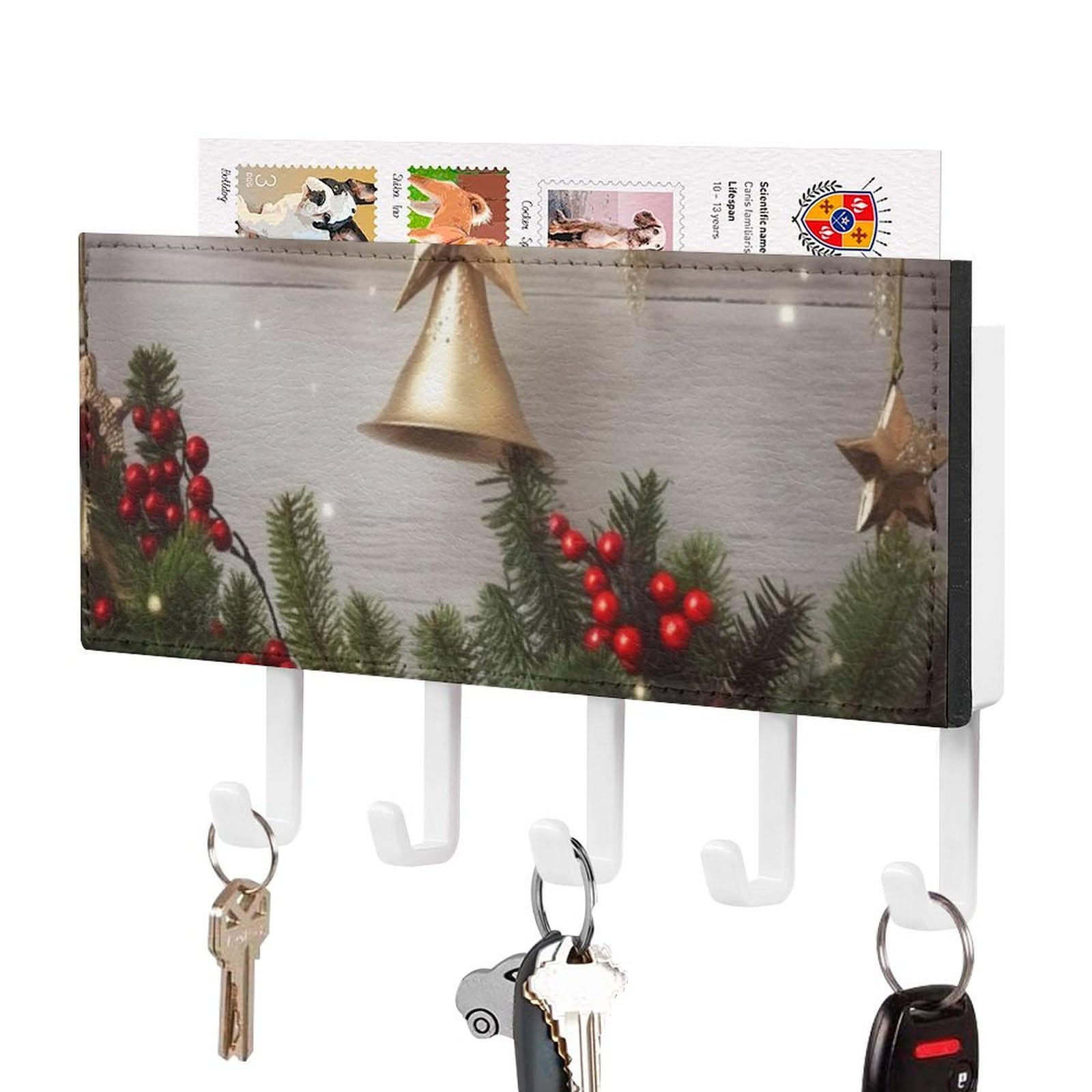Porte-clés mural sapin de Noël en bois rustique à 5 crochets pour entrée 18x12 cm
