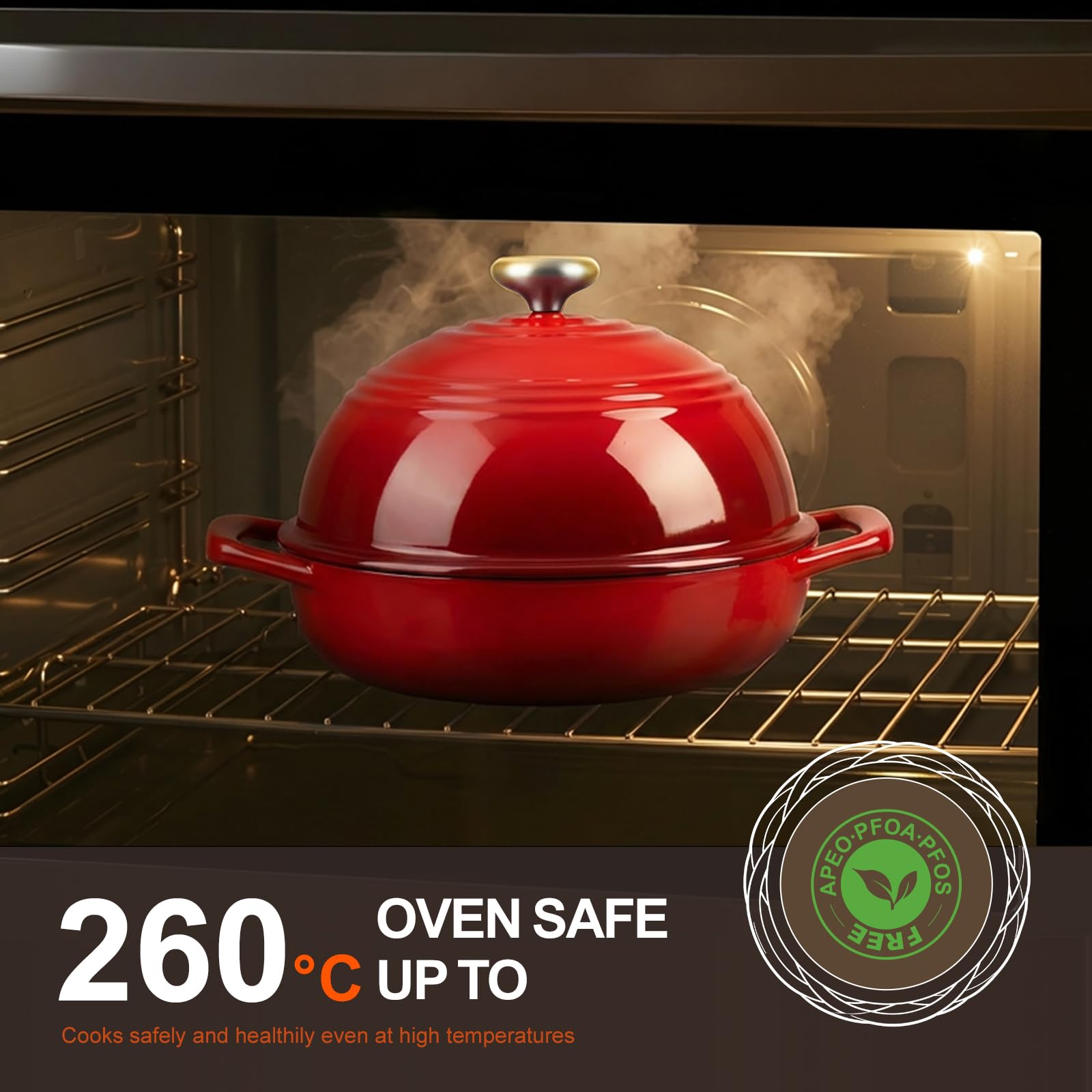 Overmont Pentola in Ghisa Smaltata per Pane - 5.7L Casseruola con Coperchio e Libro di Ricette - Per Cucina, Forno, Cuocere, Stufare e Arrostire - Rosso