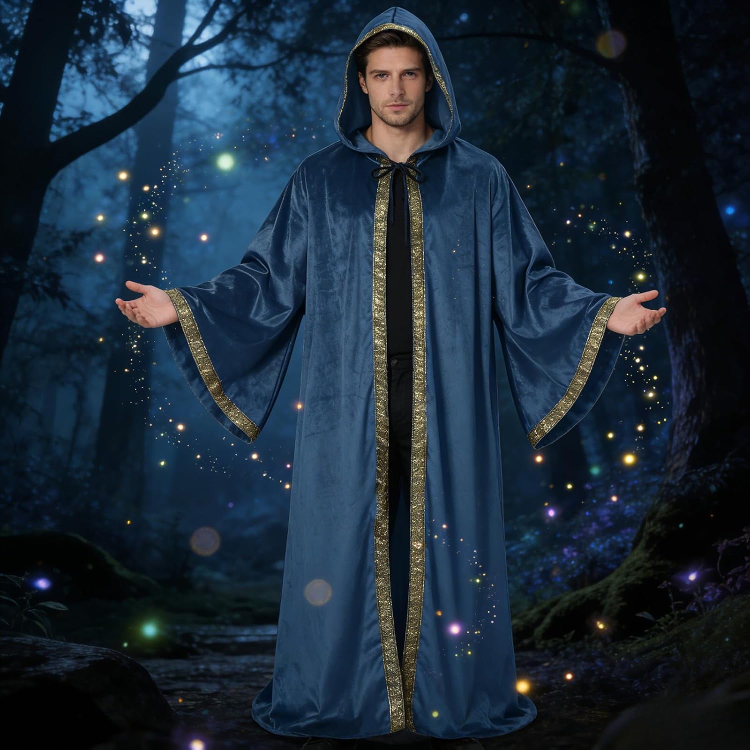 Unisex Wizard Cloak Robes With Hood Sleeves Dutch Velvet Cosplay Costume