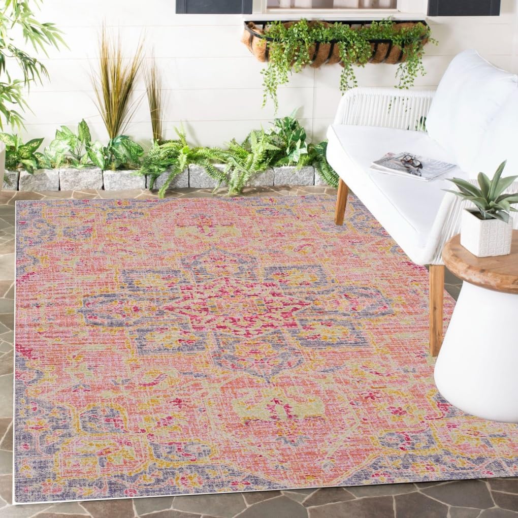 Yellow Boho Outdoor Rug for Patio Balcony Porch Deck Garden Washable Non Slip 4x6 Outside Area Rug Vintage Waterproof Camping Pool Bathroom Laundry Room Carpet Mat