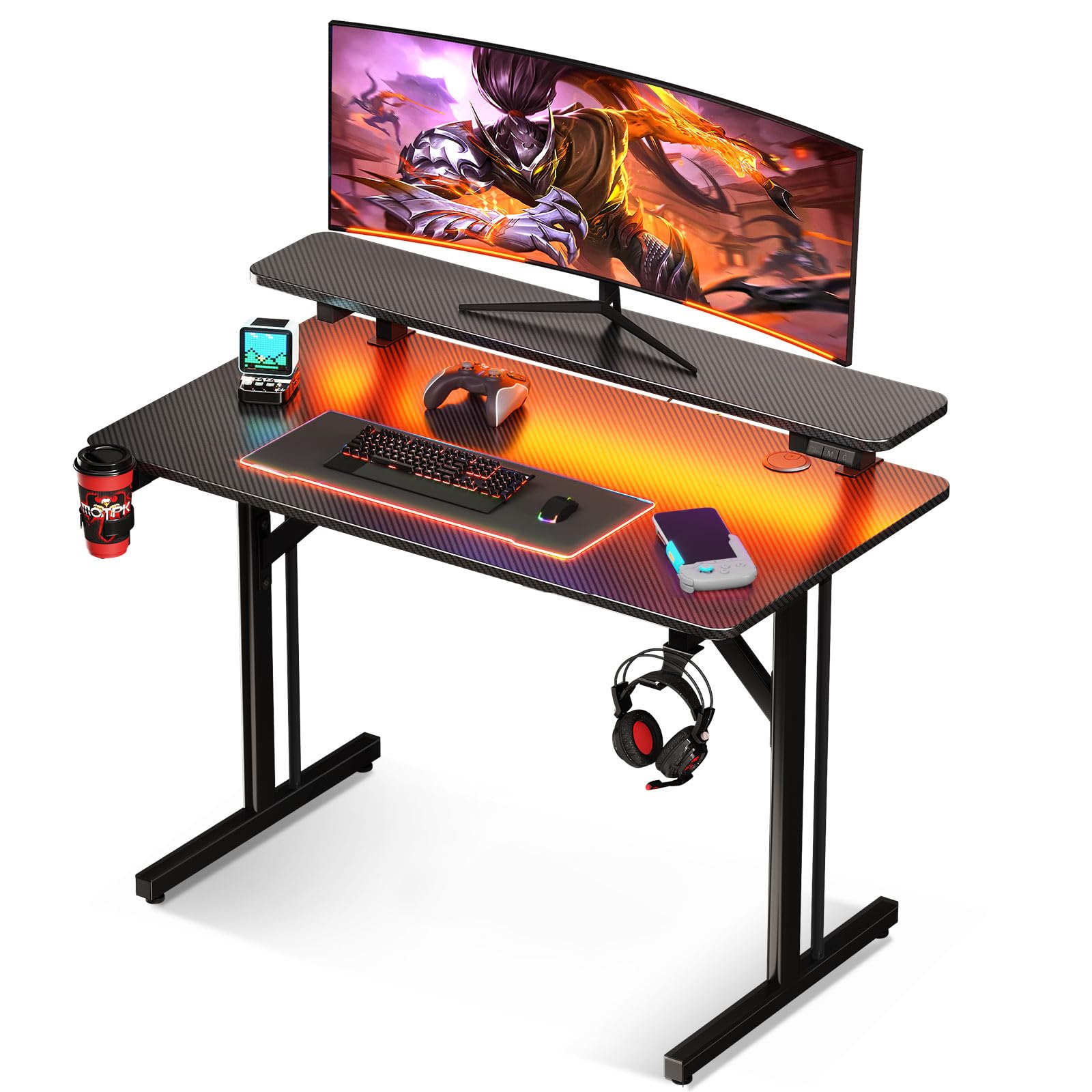 MOTPK 32 Inch Small Gaming Desk with LED Lights & Power Outlets, Computer Desk Gaming Table with Monitor Shelf, Gamer Desk with Carbon Fiber Texture, Kids Boys Desk Gift for Men