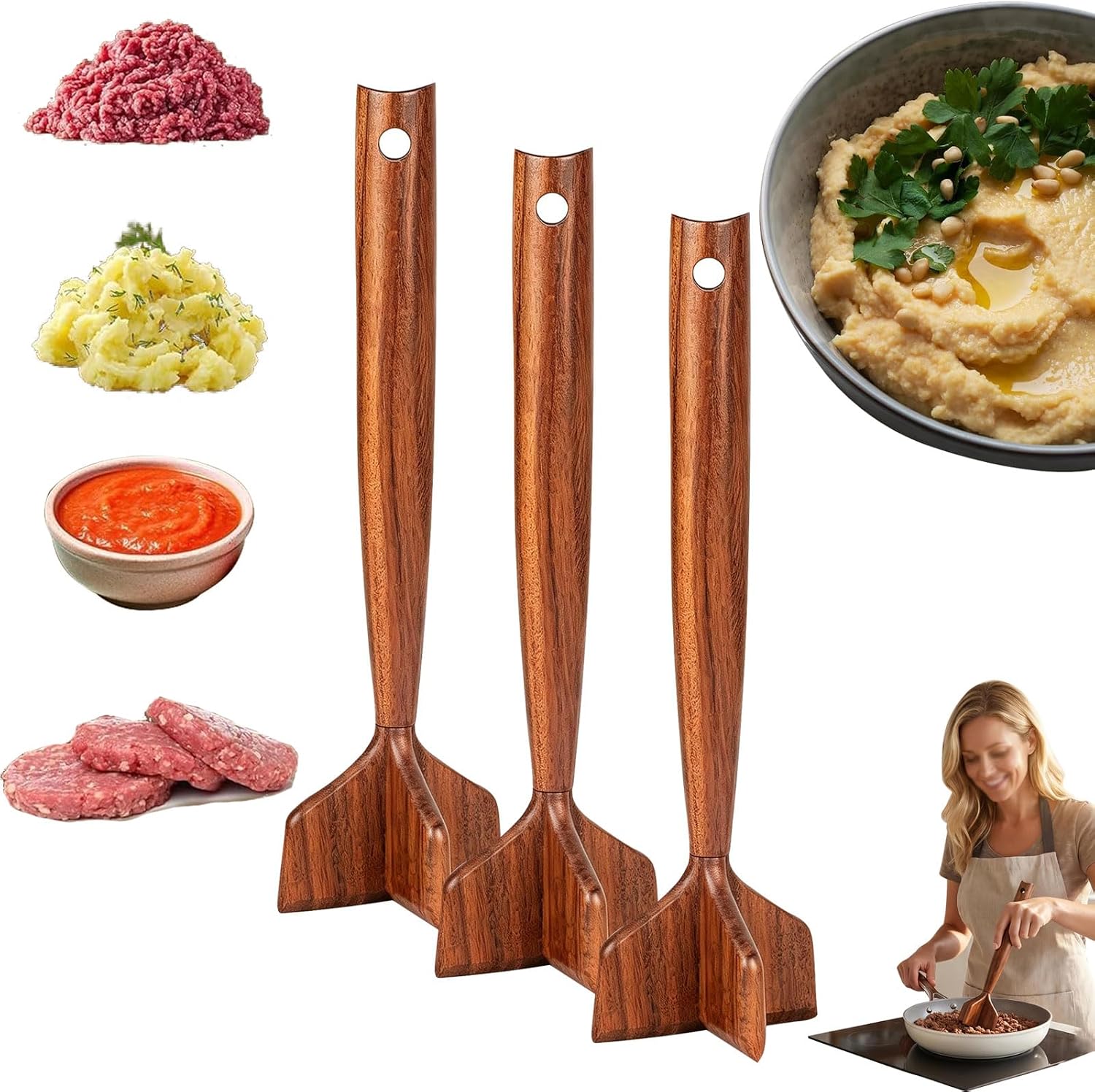 Wooden Ground Beef Masher,Natural Teak Wooden Hamburger Masher,Non-Scratch Meat Grinder for Nonstick Cookware,Ergonomic Meat Masher for Beef, Turkey, Sausage and Potatoes (3pcs)