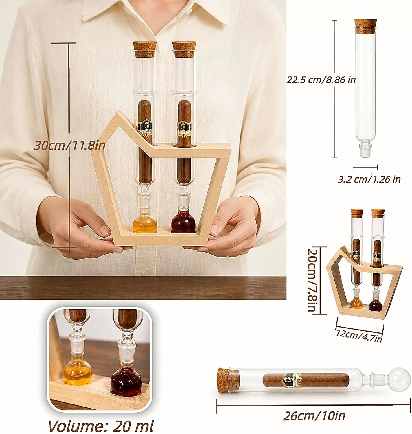 Cigar Flavor Infuser Set for 2 Cigars, Whiskey & Coffee Aroma Aging Tubes | High Borosilicate Glass, Solid Wood Display Stand, Luxury Gift for Men, Innovative, Unique Design & Premium Materials