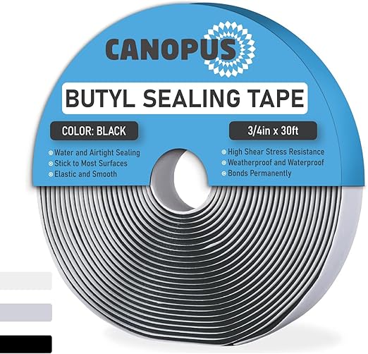 CANOPUS Butyl Seal Tape, Black, 1/8-in x 3/4-in x 30-ft, Heavy Duty, Waterproof Sealant Putty Tape, Rubber Tape to Seal RV, Boat, Home Pipes and Car Windows Leaks