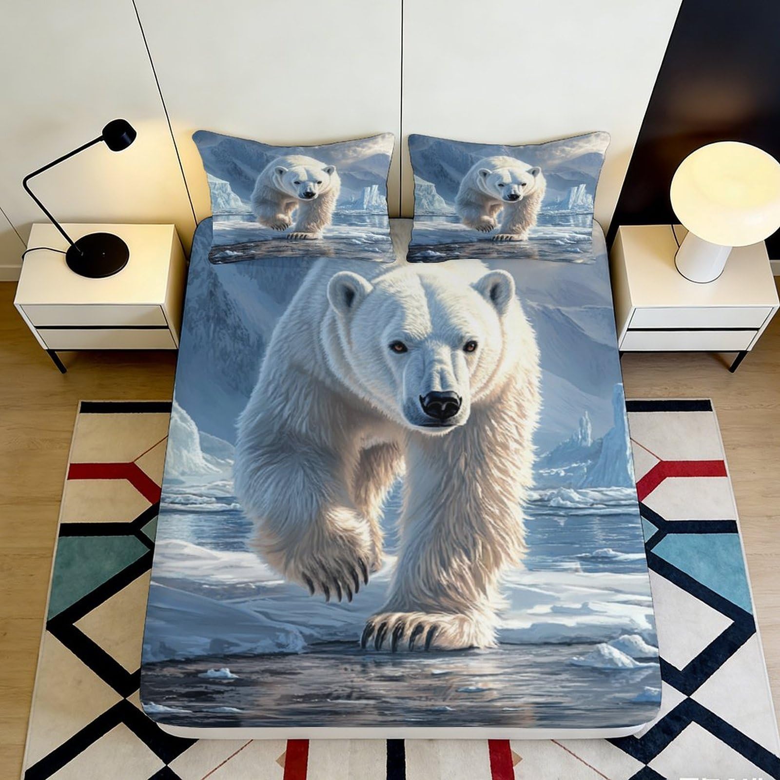 3D Printed Polar Bear Fitted Sheet Microfiber Soft Breathable Arctic Animal Bed Cover for Bedroom Dormitory Guest Room Mattress Protection Decor 200x200x25cm