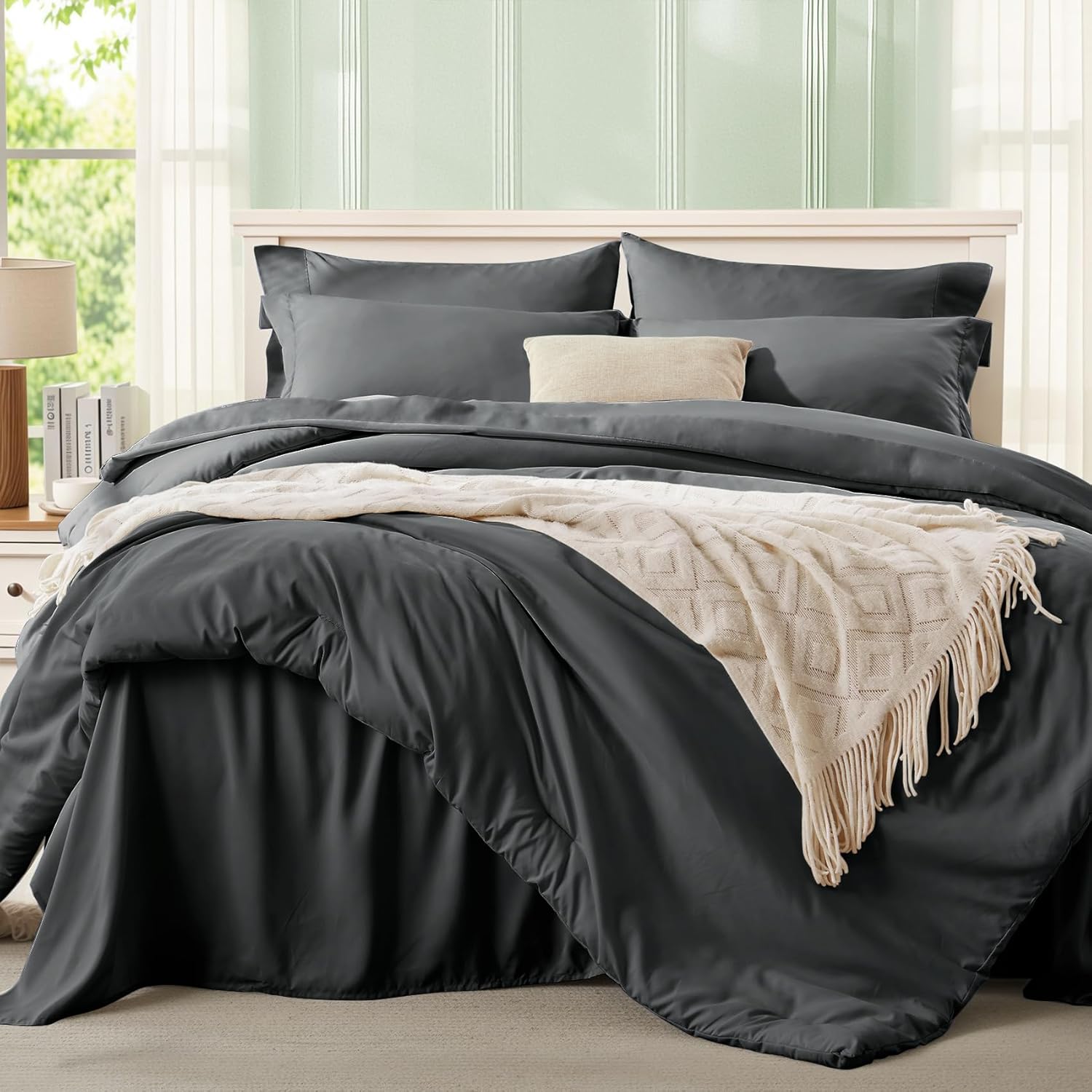 Anluoer Dark Grey Queen Comforter Set 7 Pieces, Bed in a Bag with Sheets, All Season Bedding Sets with 1 Comforter, 2 Pillow Shams, 2 Pillowcases, 1 Flat Sheet, 1 Fitted Sheet - Image 2