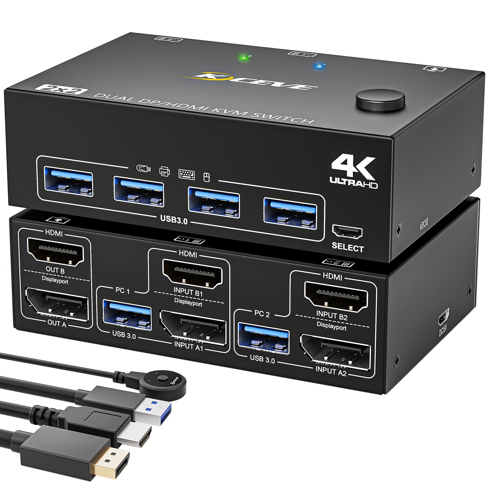 KVM Switch 2 PC 2 Monitores DP HDMI, USB 3.0 Dual Monitor KVM Switch DisplayPort HDMI Comparten 4 USB 3.0 ports Ratón Teclado, 4K@60Hz, Wired Remote(4K DP HD 2 in 2 out)
