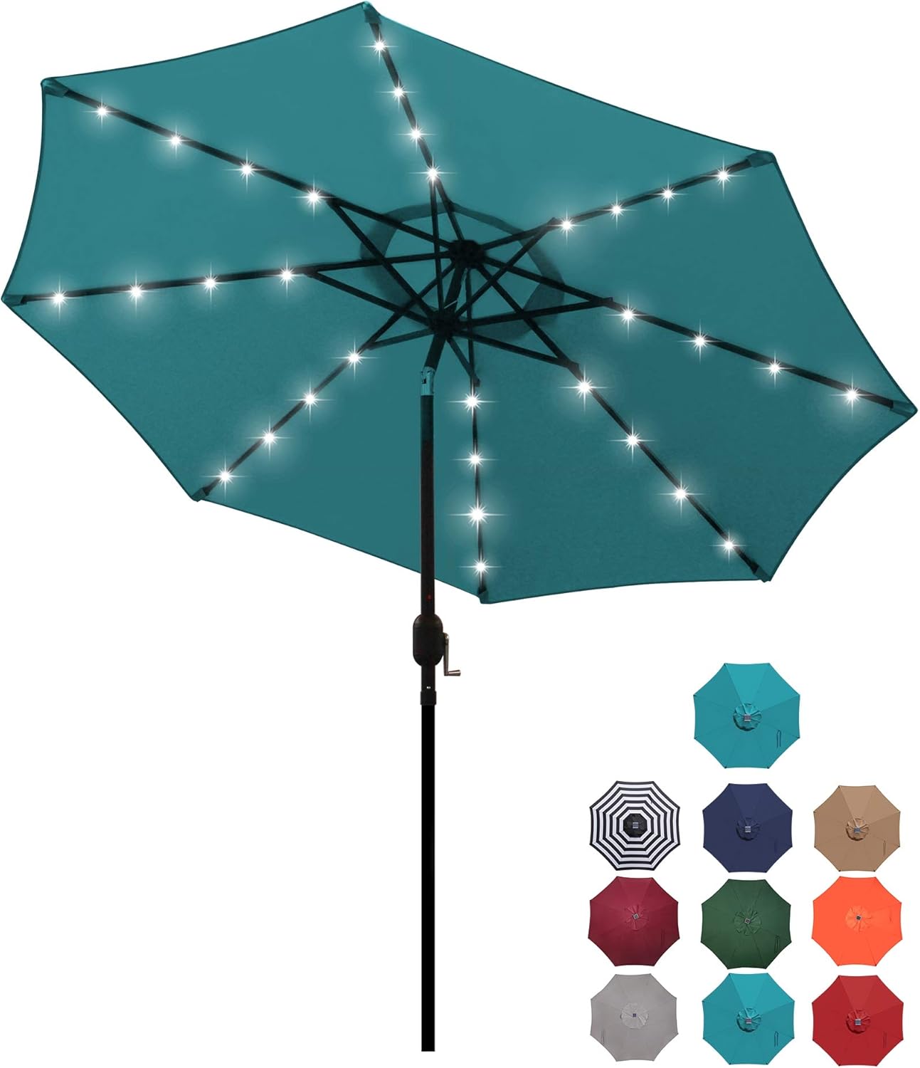 Blissun 9 ft Solar Umbrella 32 LED Lighted Patio Umbrella Table Market Umbrella with Tilt and Crank Outdoor Umbrella for Garden, Deck, Backyard, Pool and Beach (Cerulean) : Patio, Lawn & Garden