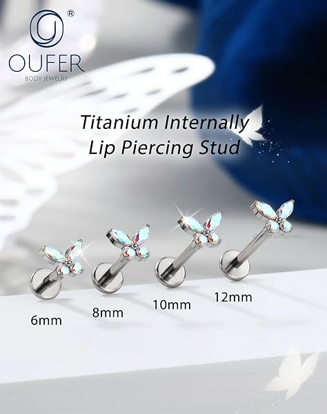 OUFER Body Piercing Labret Earrings: Titanium Lip Stud 16G/1.2mm Internally Threaded Helix Tragus Conch Cartilage Earrings Jewellery Butterfly Medusa Bar 6/8/10/12mm for Women - 2