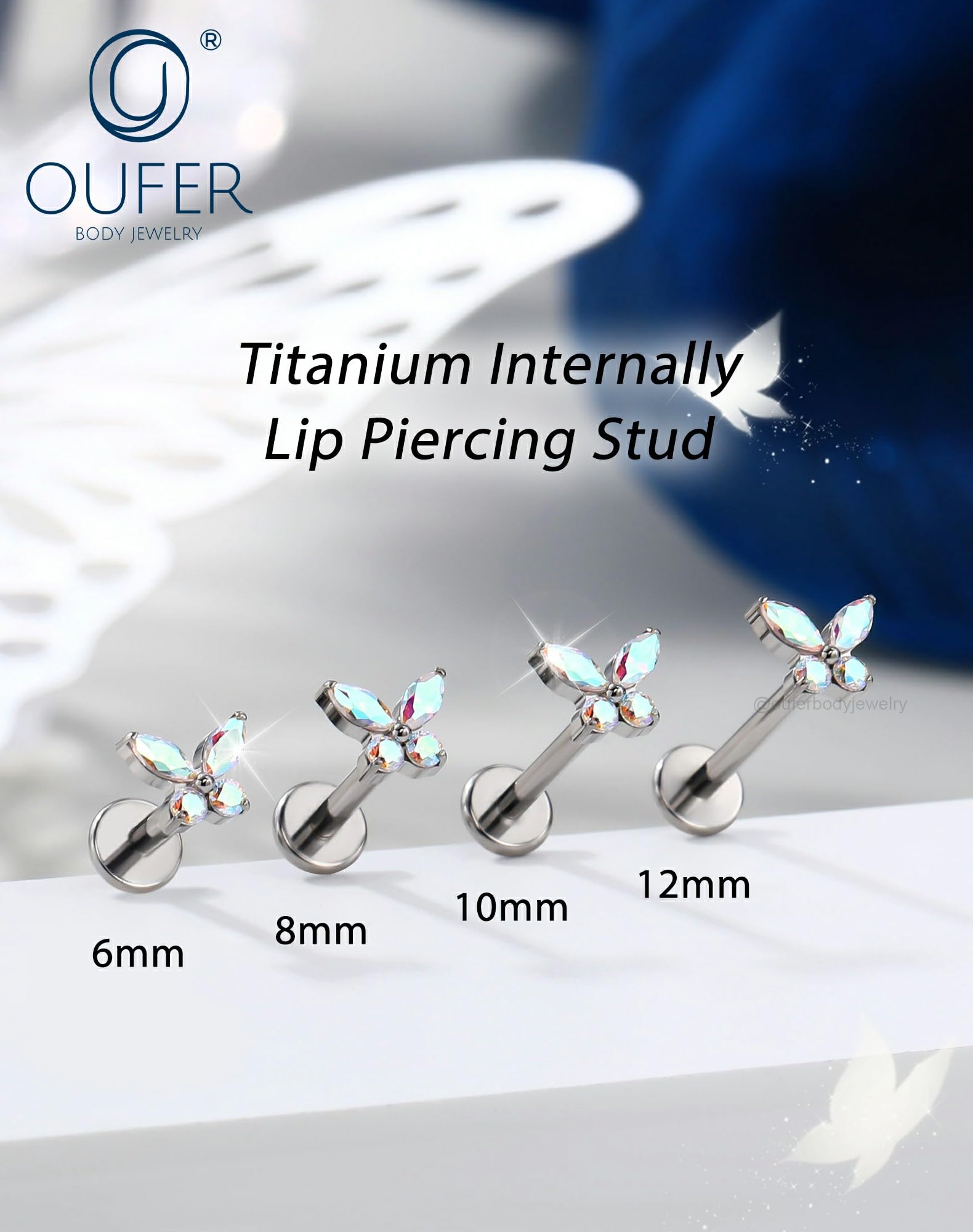 OUFER Body Piercing Labret Earrings: Titanium Lip Stud 16G/1.2mm Internally Threaded Helix Tragus Conch Cartilage Earrings Jewellery Butterfly Medusa Bar 6/8/10/12mm for Women - 2