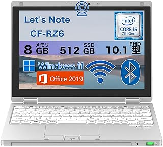 【軽量ノートパソコン】Let's Note RZ6 10.1インチ FHD 1920x1080 第7世代 Core i5-7Y57 プロセッサー メモリ8GB Webカメラ内蔵 WiFi Bluetooth Type-C USB3.0 Windows11搭載 MS Office 2019 中古整備済みPC (SSD512)