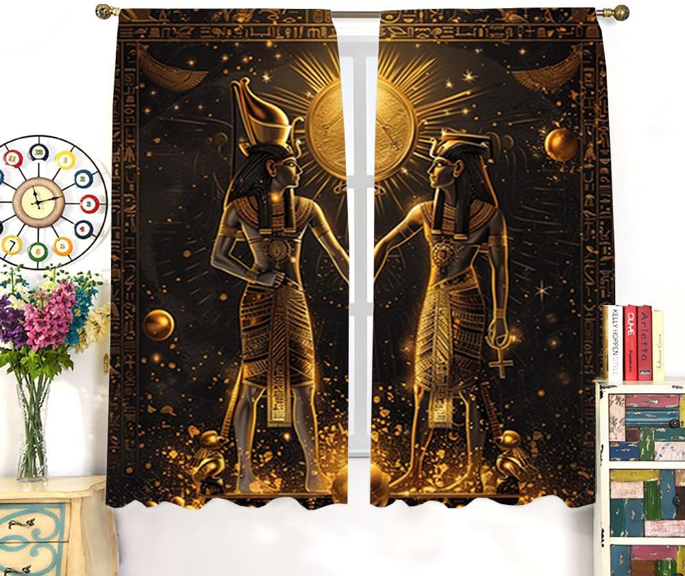 Abstract Egyptian Pharaoh Moon Blackout Curtains Watercolor Ancient Egyptian Temple Mythological Hieroglyphics Print Blackout Curtains for Living Room Bedroom Etc. 2 Panels 84" L x 42" W