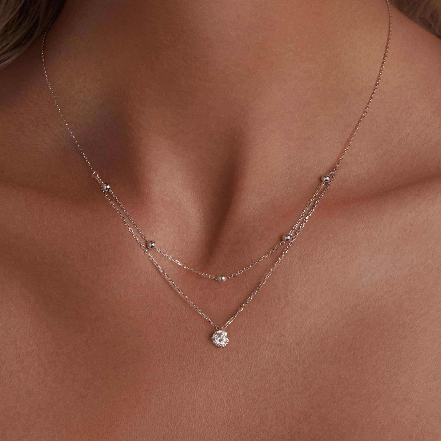 Gargantilla con Colgante de Disco en para Mujeres y niñas, Plata de Ley 925, Collar de Doble Capa de moissanita de 0,5 Quilates