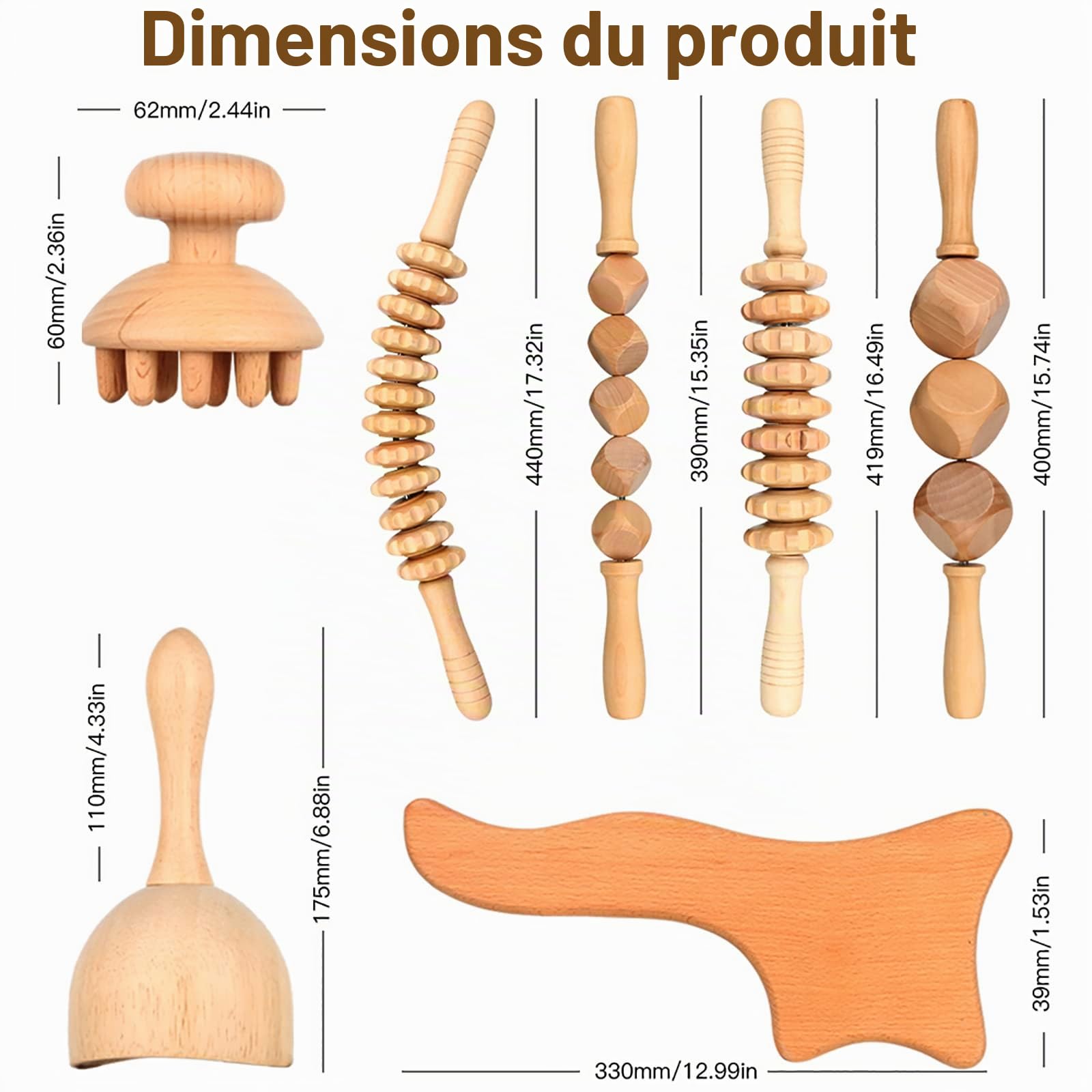 Lot de 8 outils de massage thérapeutique du bois, rouleau en bois pour soulager la cellulite et soulager les douleurs musculaires du corps entier