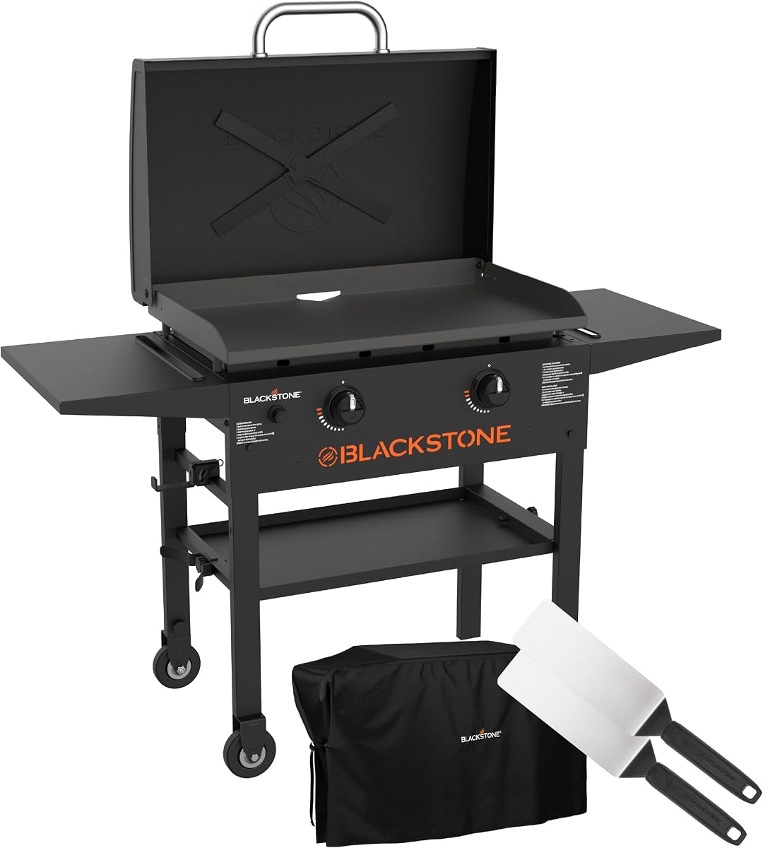 Blackstone 2450AZ 28" Omnivore Griddle with Hood Bundle | Includes 28" Griddle with Hood, Soft Cover, and Two Spatulas, 2 Burner Propane Griddle
