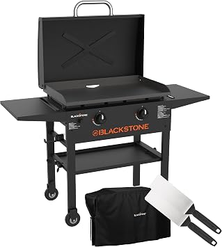 Blackstone 2450AZ 28" Omnivore Griddle with Hood Bundle | Includes 28" Griddle with Hood, Soft Cover, and Two Spatulas, Two Burner, Propane