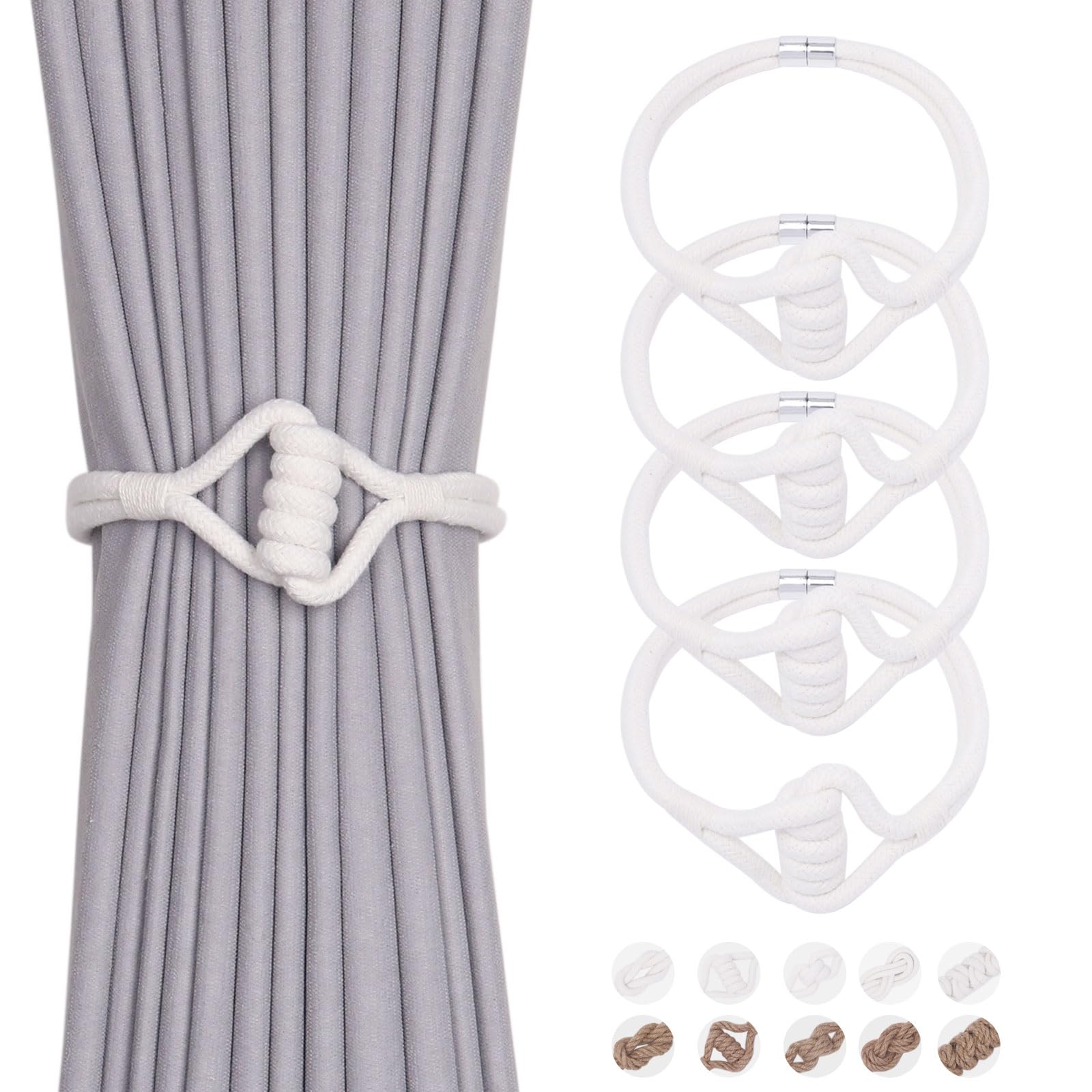 Pretty Jolly 4 Pack Natural Cotton Rope Curtain Tiebacks Elegant Boho Style Magnetic Drape Tie Backs Soft Hand-Woven Rope Curtain Holdbacks for Home & Office Drapery (Cotton knot-03) — image 1