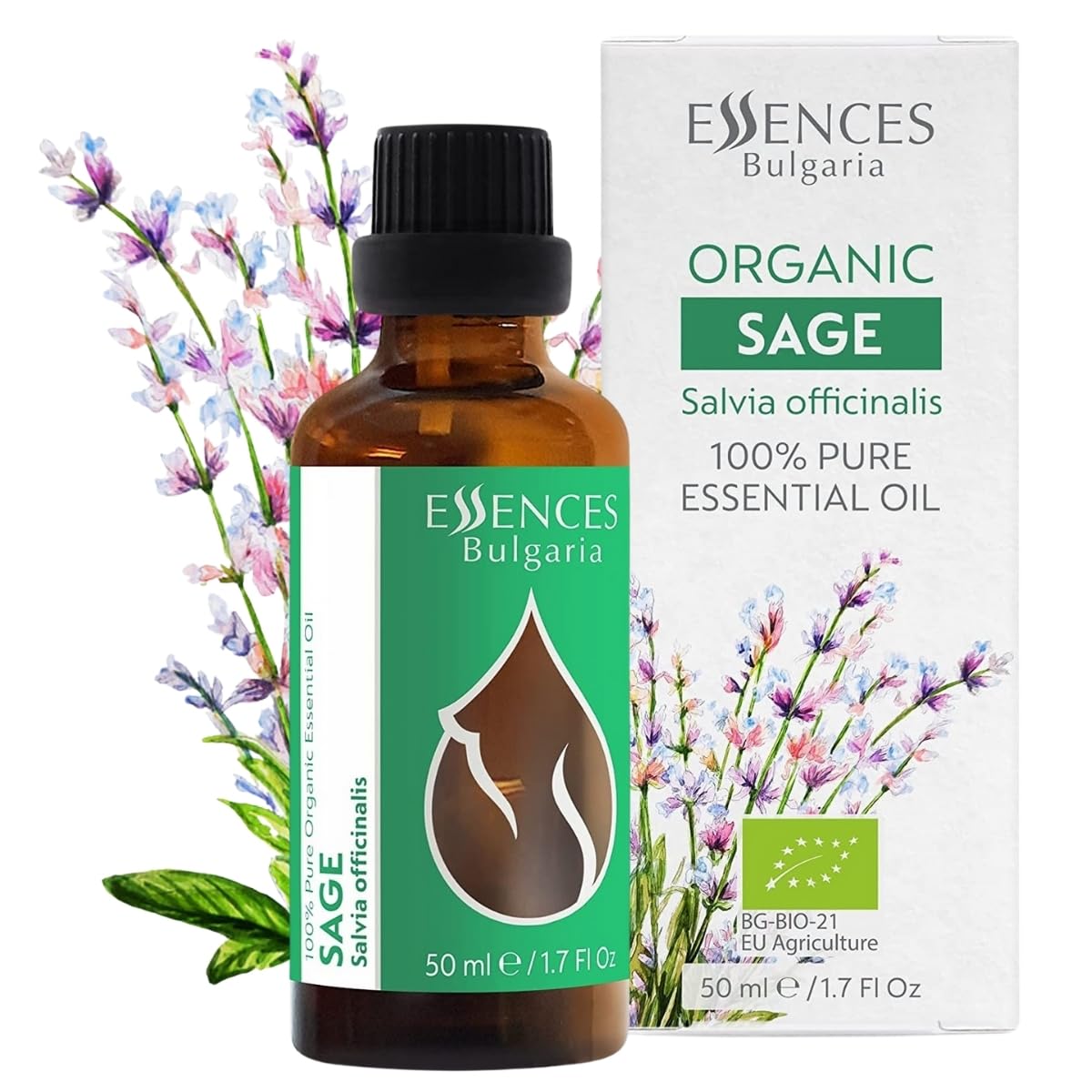 Essences Bulgaria Olio Essenziale Di Salvia Biologico 50Ml Salvia Officinalis | 100% Puro E Naturale | Non Diluito | Grado Terapeutico | Fattoria A Conduzione Familiare | Distillato A Vapore | Vegano-image