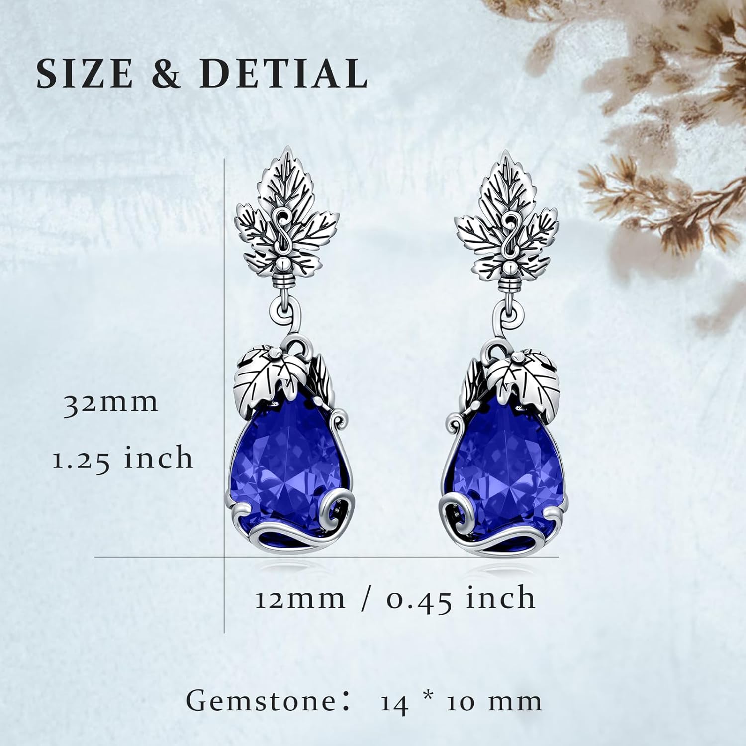 925 Sterling Silver Vintage Leaf Nature Style Teardrop Dangle Earrings with 14 mm Birthstone Gemstone Anniversary Jewelry Gifts for Women Her Wife - Image 4