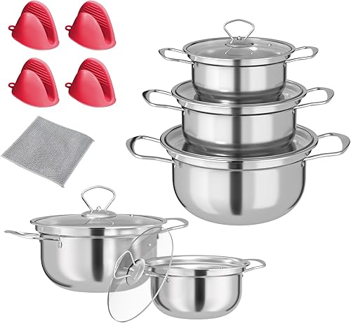 Juego de 5 ollas de acero inoxidable con tapas, 8 cuartos de galón, 6 cuartos de galón, 4 cuartos de galón, 3 cuartos y 2 cuartos de galón,