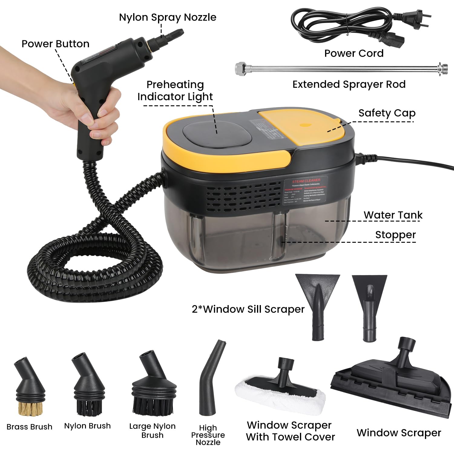 Vaporeta Limpieza Hogar 2500W, Depósito de Agua 1600ML, Mango Regulable en 3 Niveles, Alta Temperatura 105℃ y Presión 3Bar, Calentamiento Rápido 15s, 10 Accesorios, para Coche, Cocina (Negro)