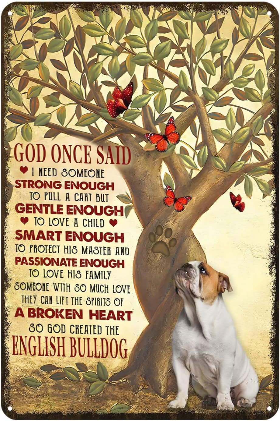 Kisoyo English Bulldog And Butterflies Metal Sign Rustic Decor Vintage Tin Sign Home Kitchen Bar Cafe Club Cave Wall Decor Dog Tin Sign 8X12 Inch