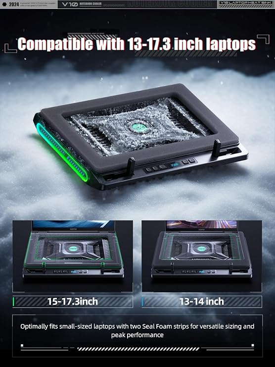 llano V10 الألعاب الكمبيوتر المحمول وسادة التبريد، RGB الكمبيوتر المحمول برودة الوقوف مع قوية 4.72 بوصة مروحة تبريد توربو الخارجية، كمبيوتر التبريد السريع 13-17.3 بوصة، زر التحكم، 3 موقف قابل للتعديل، 4-ميناء USB C & A
