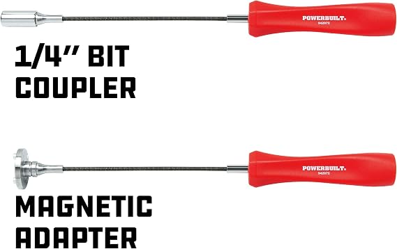 Powerbuilt Magnetic Oil Drain Plug Remover Tool, Flexible Shaft for Easy Reach, Hex Bit Magnet Adapter, Hold and Remove Plugs - Red 942072