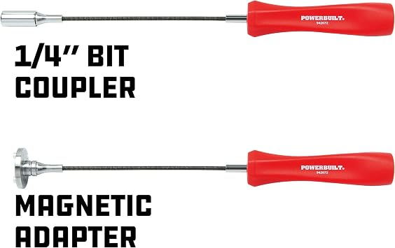Powerbuilt Magnetic Oil Drain Plug Remover Tool, Flexible Shaft for Easy Reach, Hex Bit Magnet Adapter, Hold and Remove Plugs - Red 942072