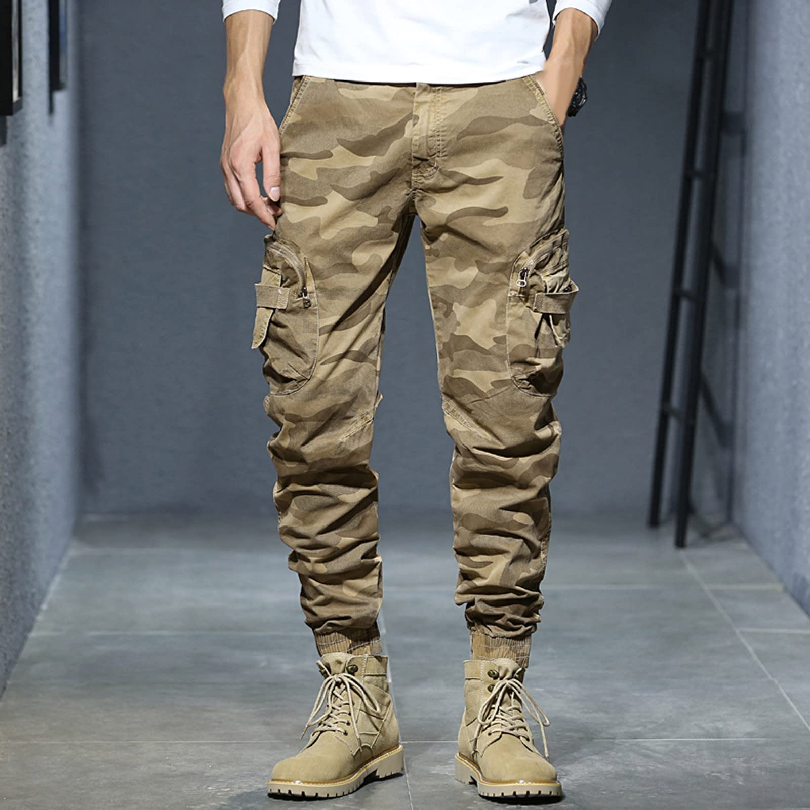 SRZYMJ Herren Cargohose Kurz Stretch jogginghosegröße 94 dünne Freizeithose Outdoor Kleidung 3/4 Trainingshose sportbekleidung Softshellhose Lange Unterhosen Baumwolle Winter Trekkinghose MTB Khaki