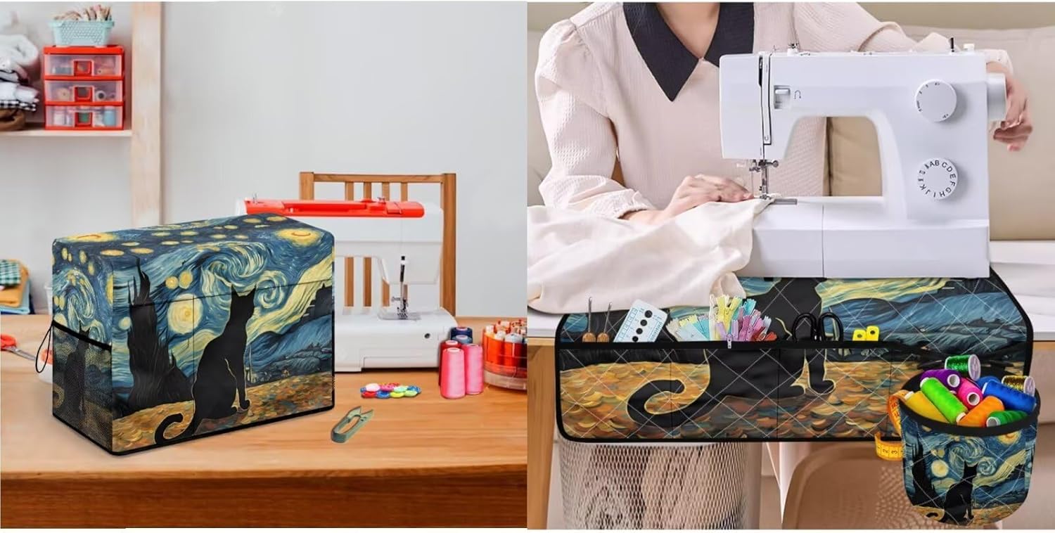 Sewing Machine Mat & Dust Cover, Set Of 2 Non Slip Sewing Machine Mats Compatible with Most Standard Sewing Machines & Supplies Kits Starry Night Cat Blue