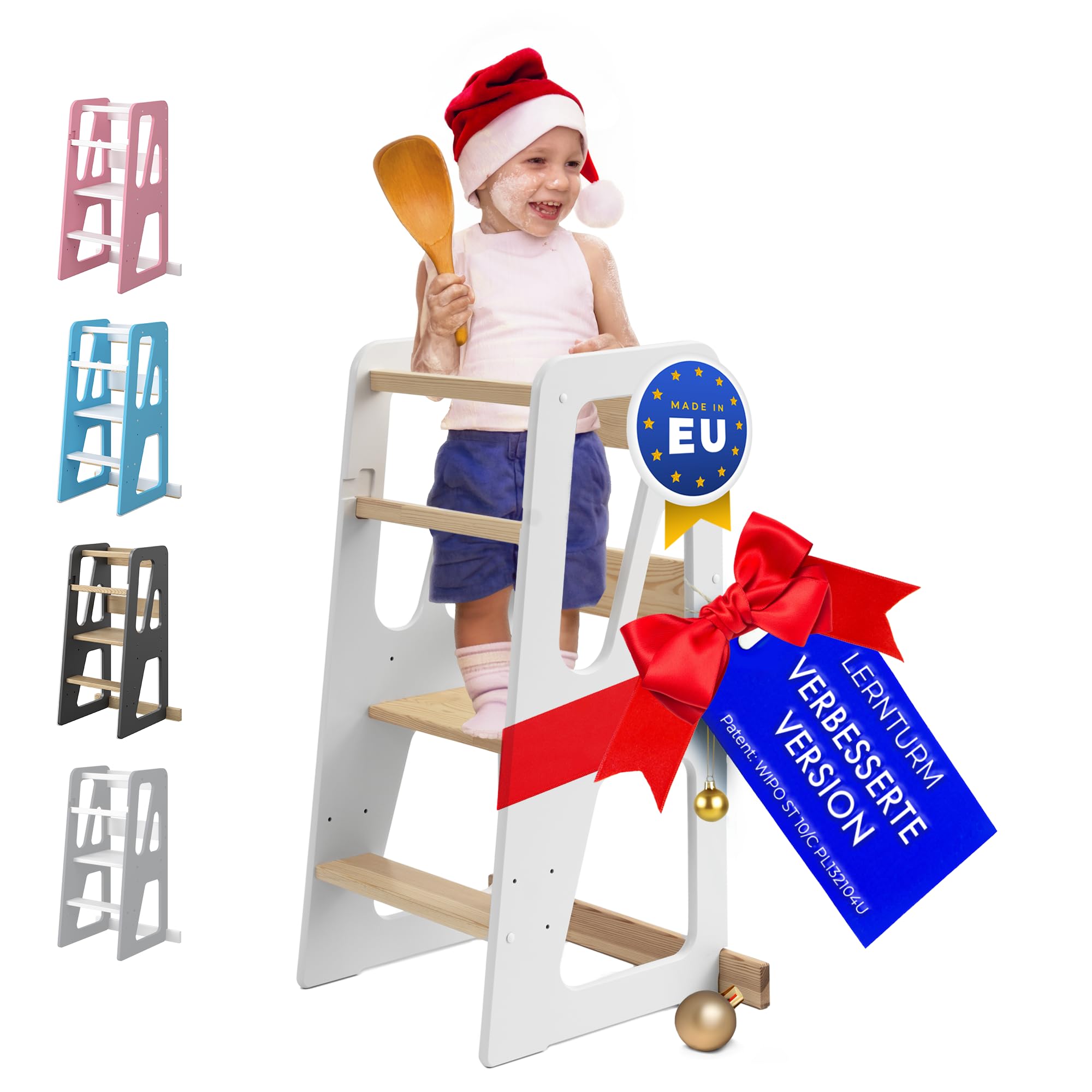 Lernturm ab 1 Jahr mit Anti-Kipp-Schutz – Höhenverstellbarer Montessori Learning Tower aus FSC-Massivholz – Bis zu 50kg belastbar – Für Kinder, für Küche, Tisch und Bad – MEBLE WRÓBEL®