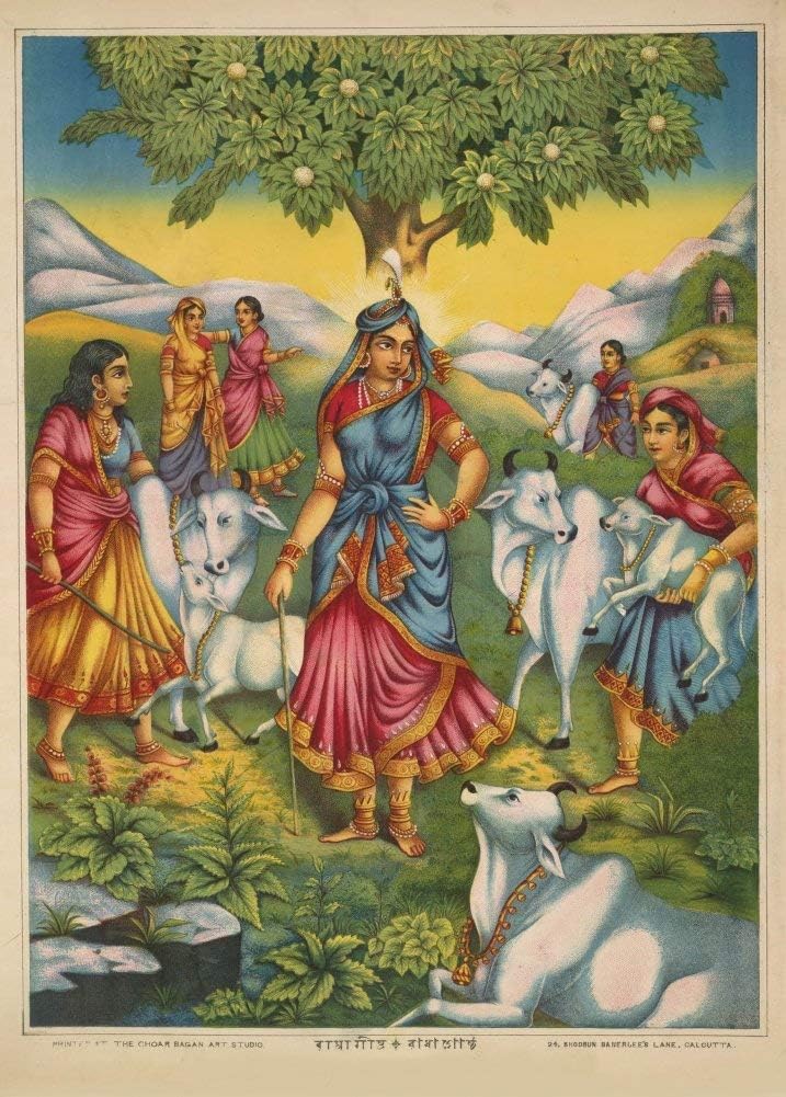 Classic Indian Art 'Radha Beneath a Flowering Kadamba Tree', Chore Bagan Art Studio, Calcutta, circa. 1895, Reproduction 200gsm A3 Vintage Poster