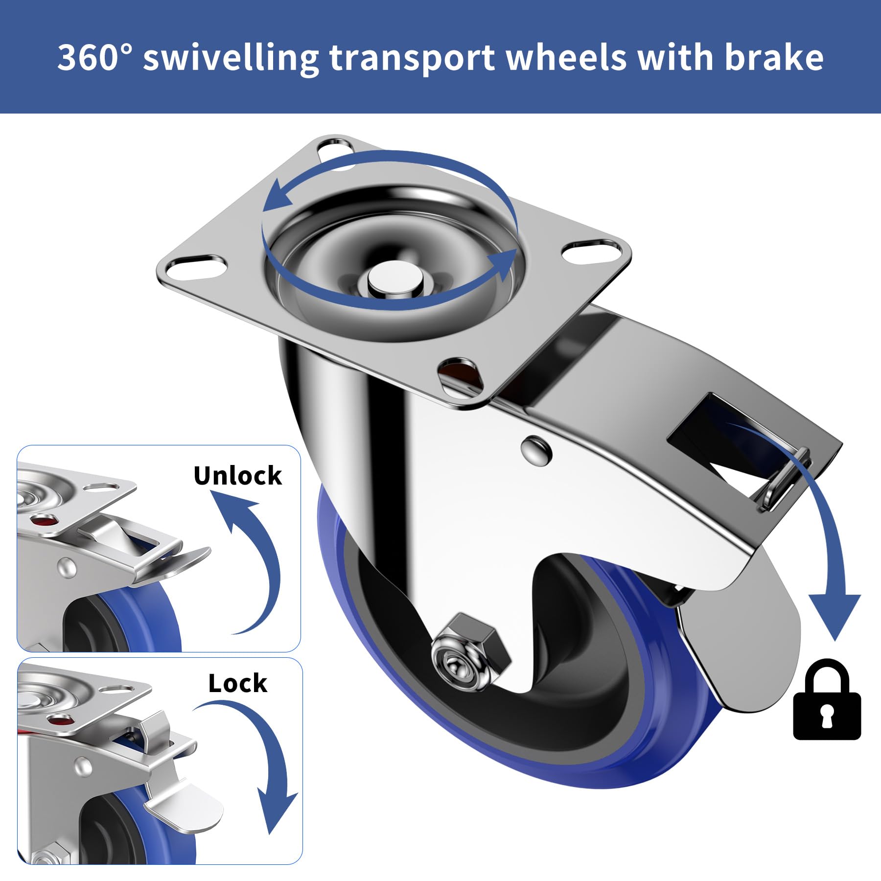 Forever Speed kółka do dużych obciążeń 100 mm, 4 sztuki, gumowe kółka skrętne z hamulcem, Premium rolki transportowe do 200 kg, 360-stopniowe kółka meblowe, przemysłowe roleczki, do dużych obciążeń do
