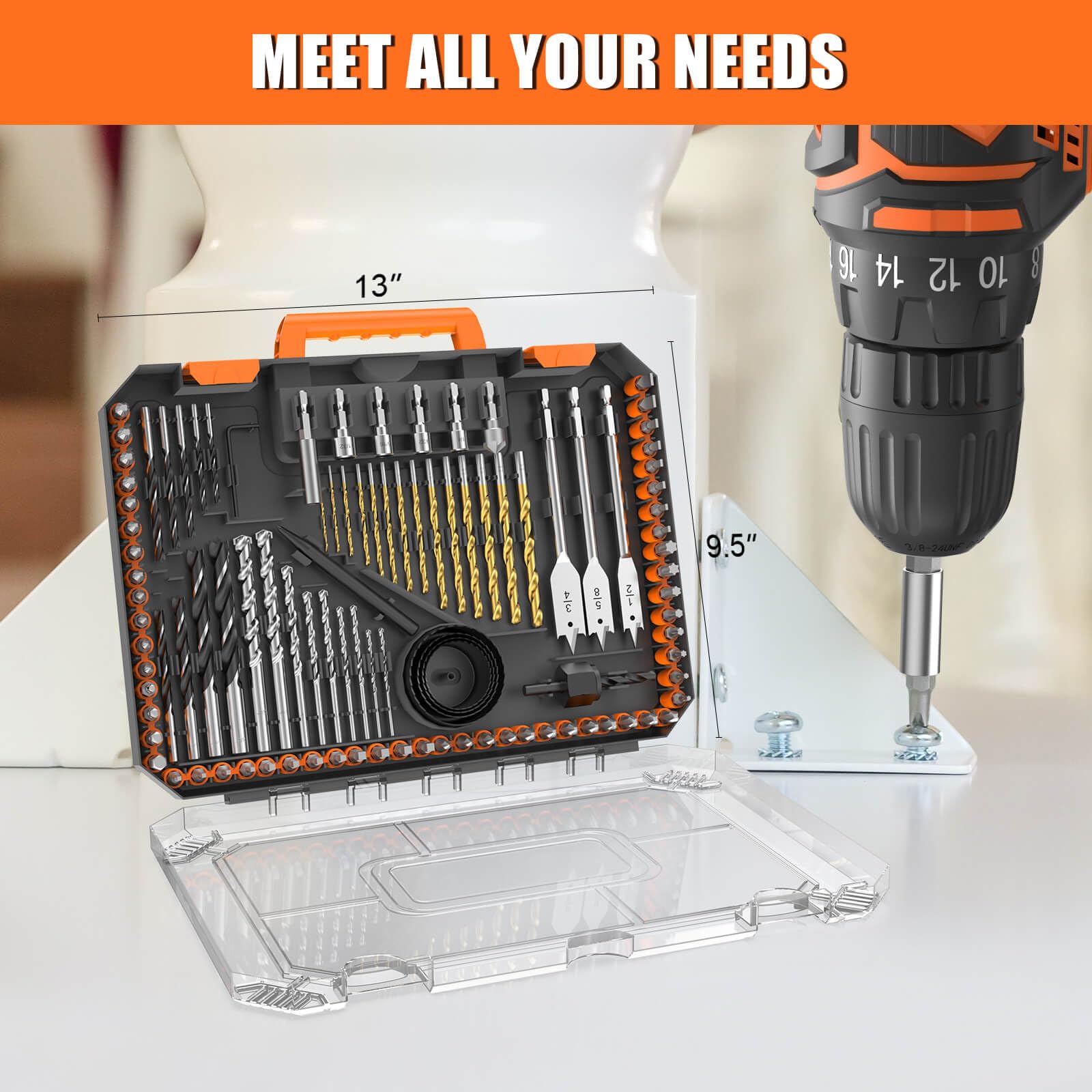 ENERTWIST Juego de 105 brocas de acero al carbono con revestimiento de titanio HSS, brocas para carpintería, sierras perforadoras y puntas de destornillador para madera, metal, cemento en estuche