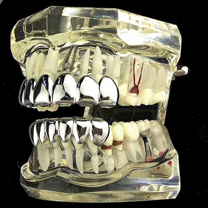 Grillz Set Deeper-Cut Teeth Silver Tone Grill Top 6 & Bottom Six Pre Made Grills