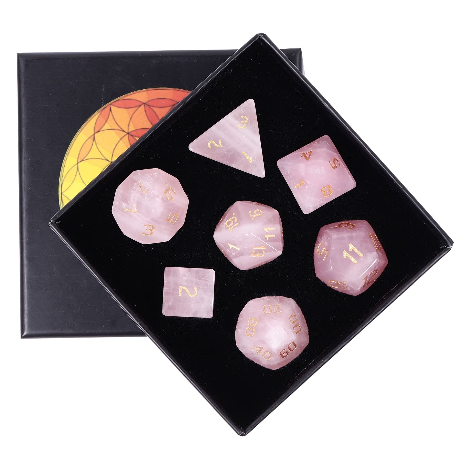 KYEYGWO Rosenquarz Kristall Polyedrische Würfel Set, 7pcs Reiki Heilung Stein Polyedrischer Spielwürfel für Dungeons und Dragons RPG DND Dice Tischkartenspiele Brettspielwürfel
