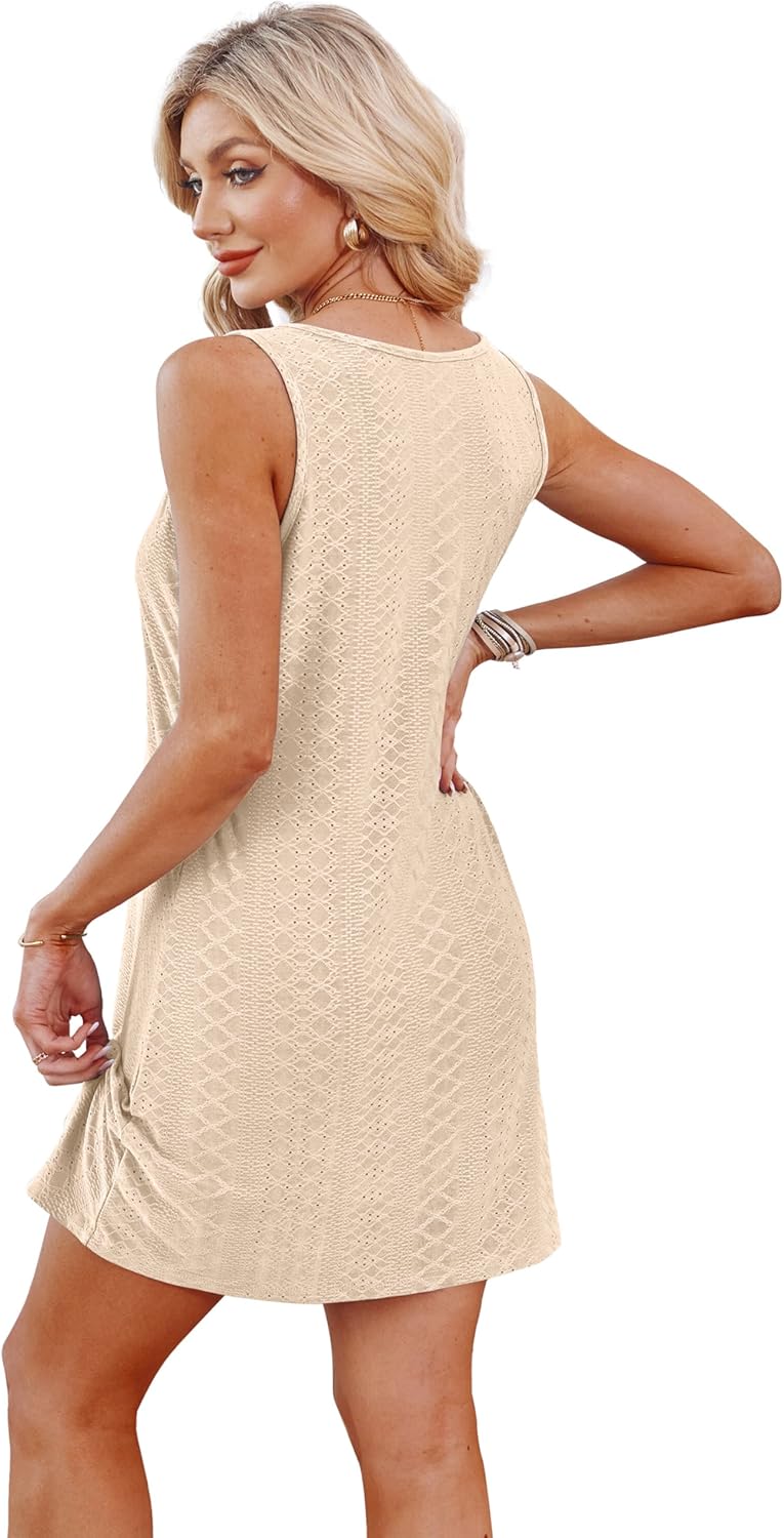 Swimsuit Coverup Summer Dresses for Women Vacation Essentials Eyelet Crew Neck Loose Sleeveless Twisted Dresses - Image 5
