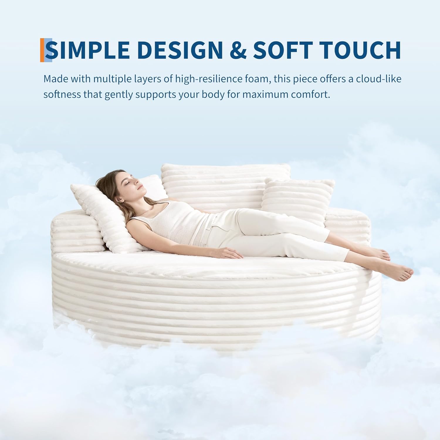 GAOMON Round Chaise Lounge Chair Indoor Oversized 55 × 55 Inch Modern No Assembly Corduroy Boneless Cloud Couch Single Sofa with 4 Pillows Deep Seat for Living Room Bedroom Apartment