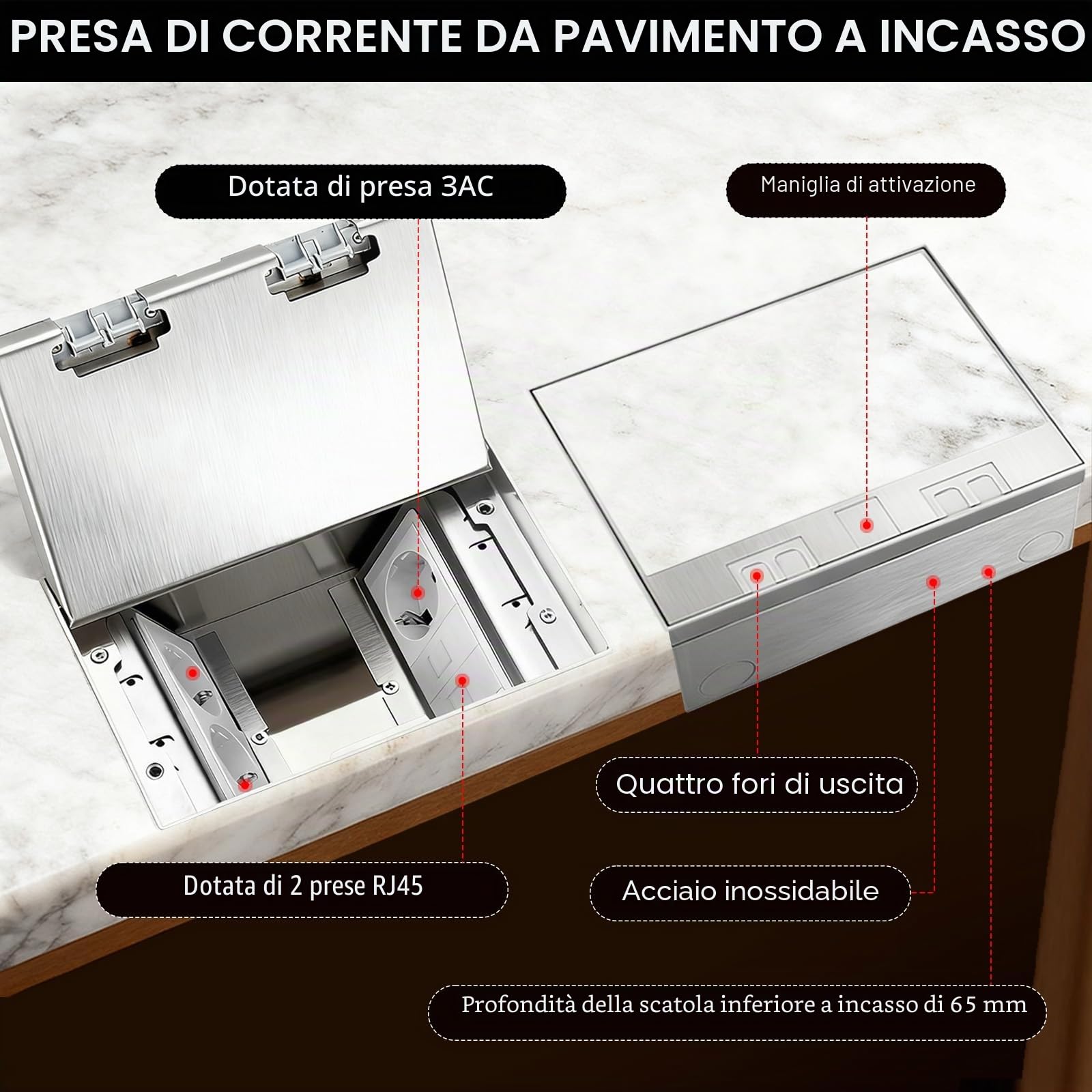 Presa da Incasso a Pavimento, Presa Nascosta Piatta da Incasso 4000W/16A con 3 Prese EU + 2 RJ45, Scatola Presa da Incasso a Pavimento Impermeabile in Acciaio Inossidabile per Casa, Uffici, Hotel