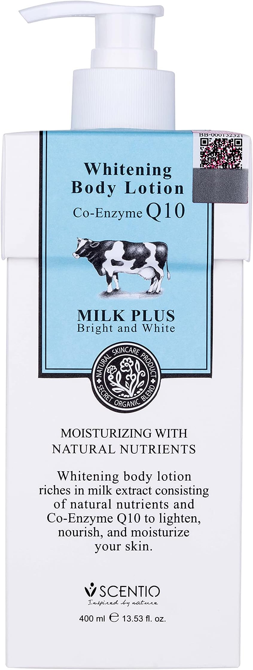 Scentio Milk Plus Organic Whitening Body Lotion 400ml (Made In THAILAND). Contains Co-Enzyme Q10 and milk Protein to Tighten and anti-wrinkle body lotion skin
