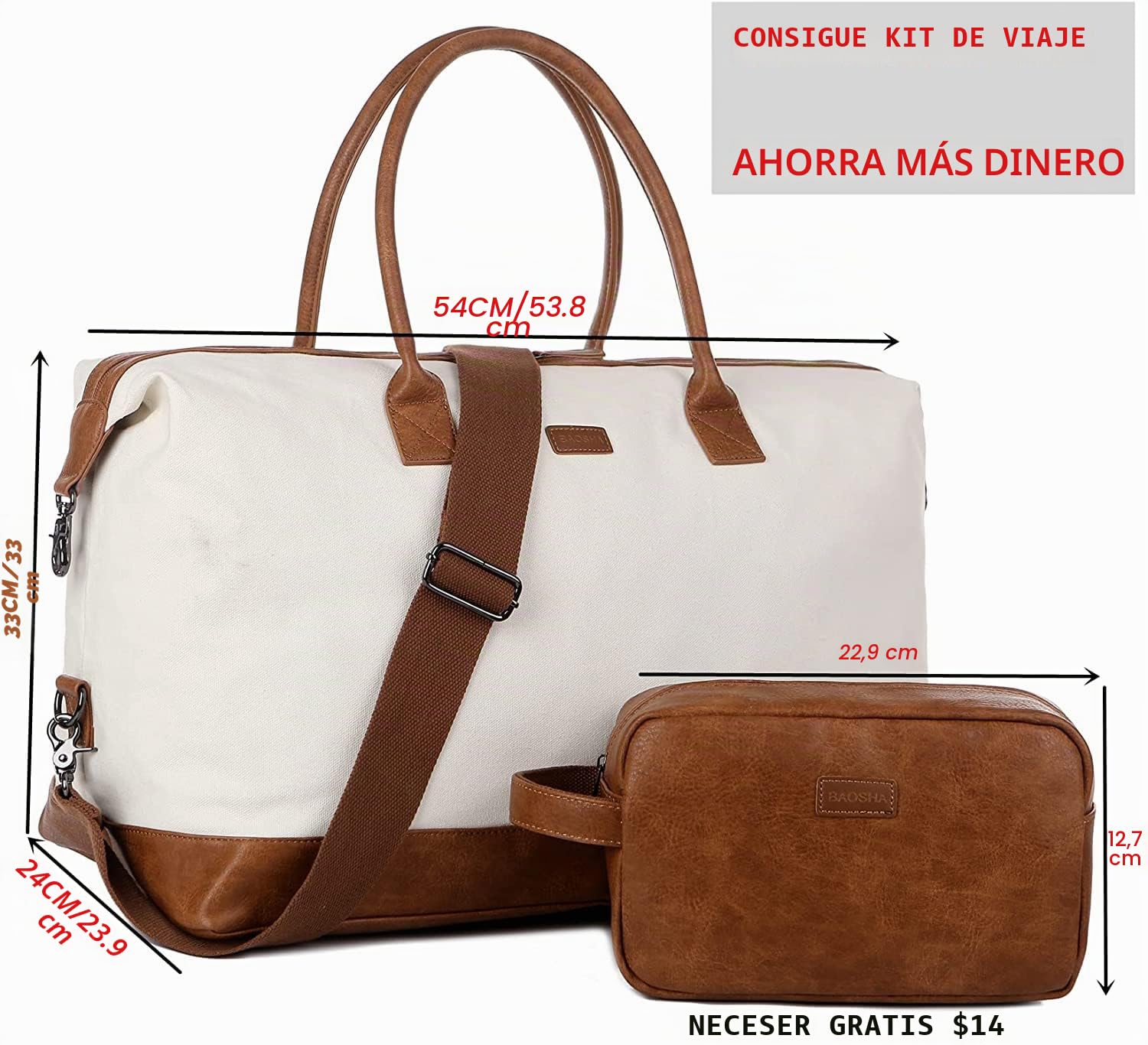 BAOSHA Bolsa de Lona para Mujer, Bolsa de Viaje Grande con Neceser HB-14, Beige/Blanco