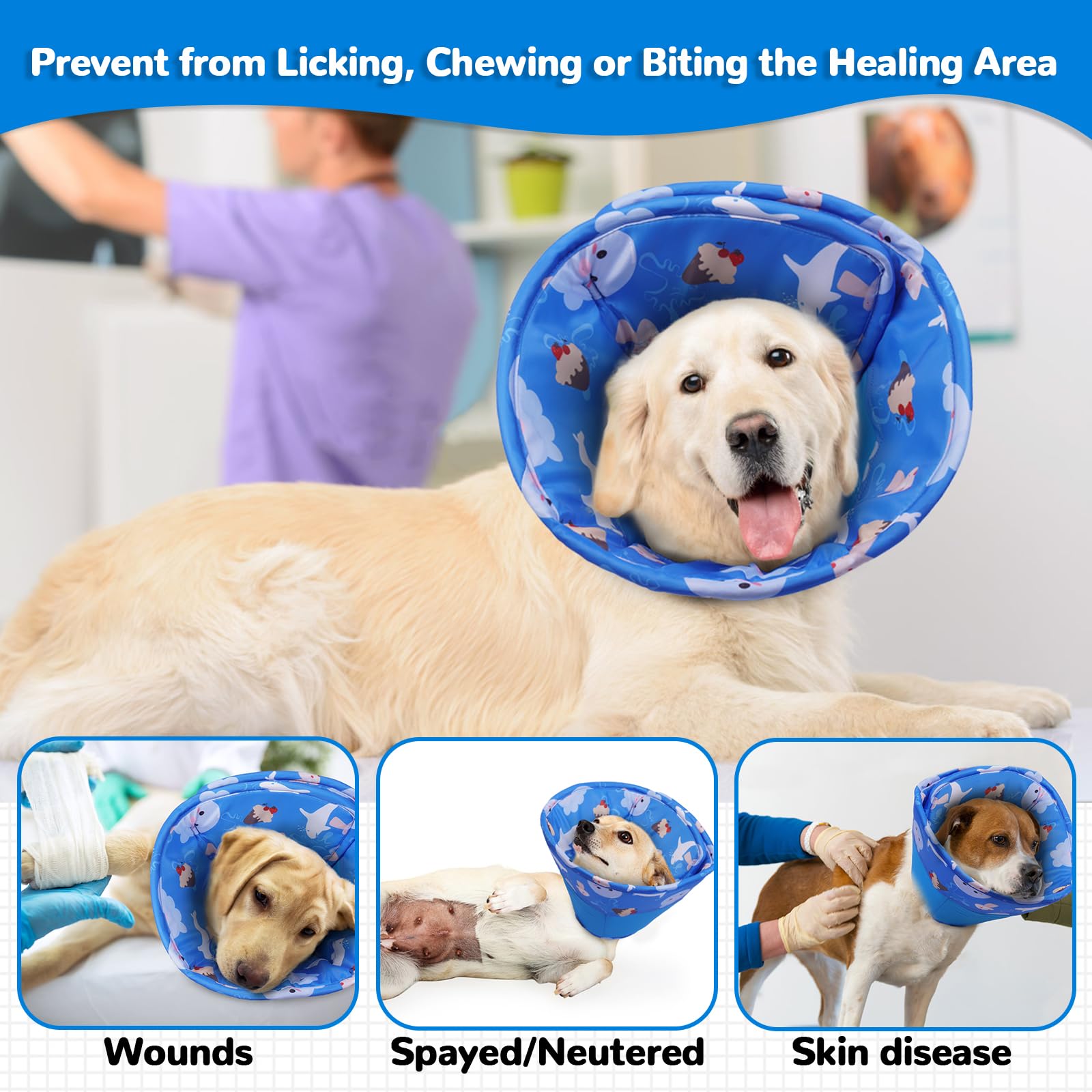 Hjumarayan Collare Elisabettiano Cane, Regolabile Collare Elisabettiano Cane Morbido Collare Protettivo per Cani, Collare Elisabetta Cane per Recupero Postoperatorio dell'Animale (Blu Scuro S)