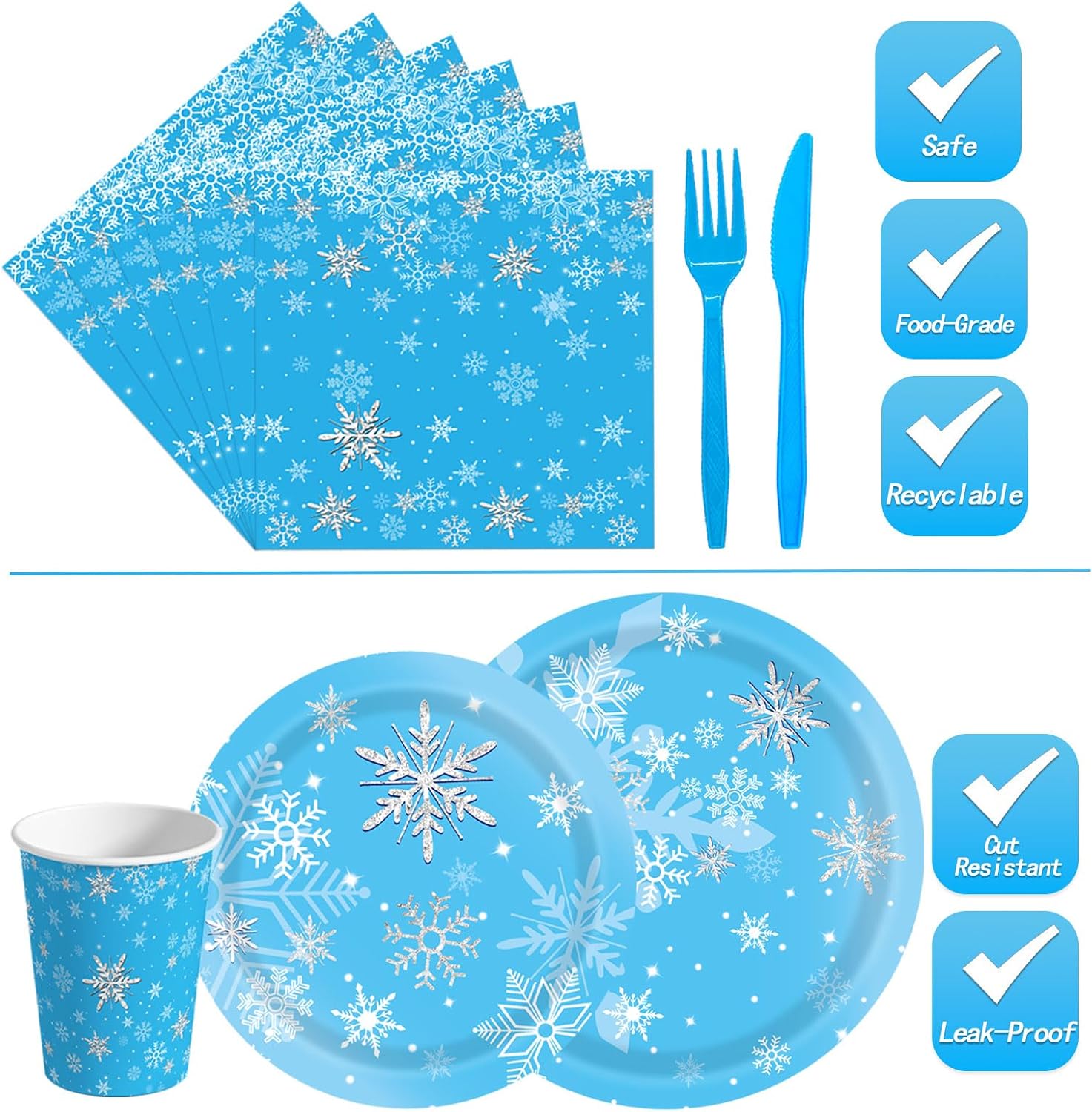 144PCS Snowflake Birthday Party Supplies Frozen Birthday Party Supplies Winter Wonderland Party Decorations Snowflake Christmas Party Tableware Set Snowflake Plates Napkins Cups Forks Knives Serve 24 - Image 3