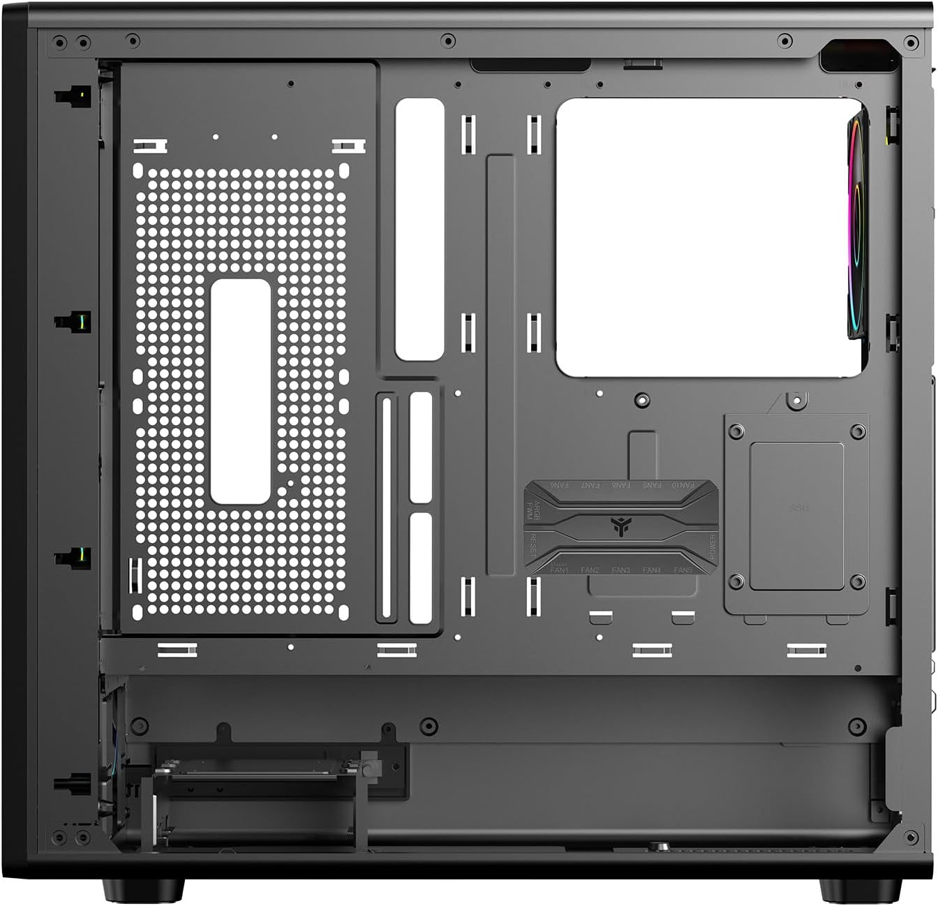 Indre view of the Itek Meshcore 36B PC case from the backplate side, showing cable routing channels and drive mounts.