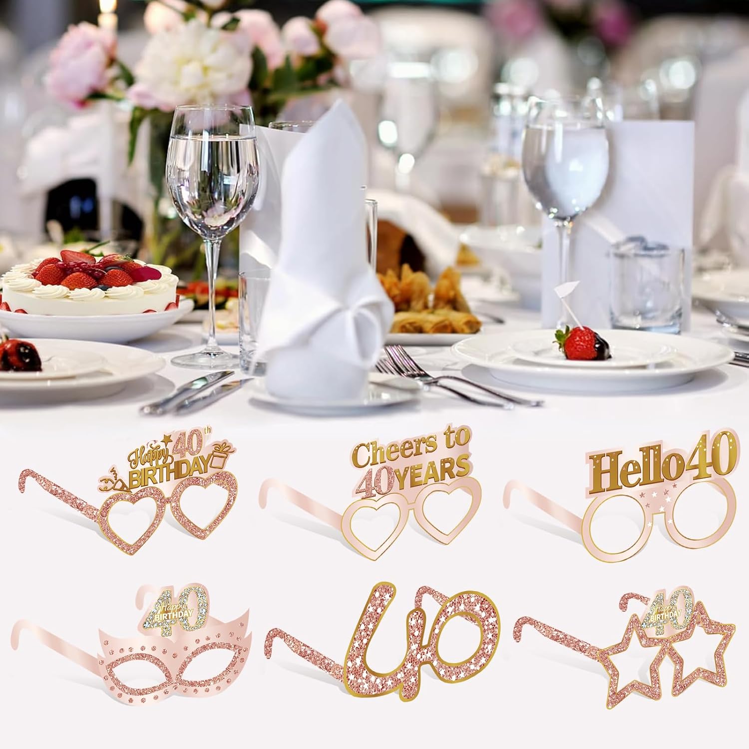 24PCS 40th Birthday Eyeglasses Decorations for Women, Pink Rose Gold Happy 40th Birthday Paper Eyeglasses Party Supplies, Forty Year Old Bday Glasses Decor - Image 5