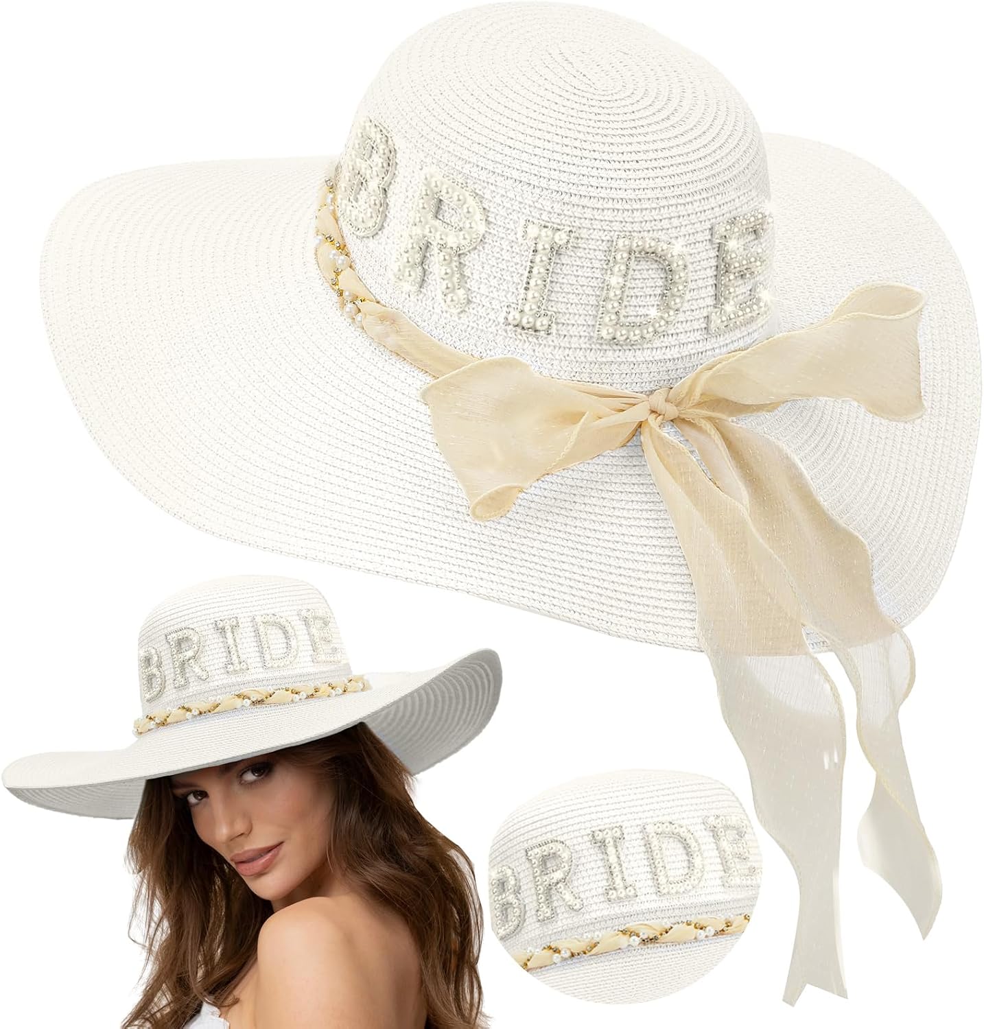 Cozypower Bride Sun Hat Wide Brim Straw Floppy Bride Beach Hat for Women Bridal Honeymoon Wedding Party Engagement