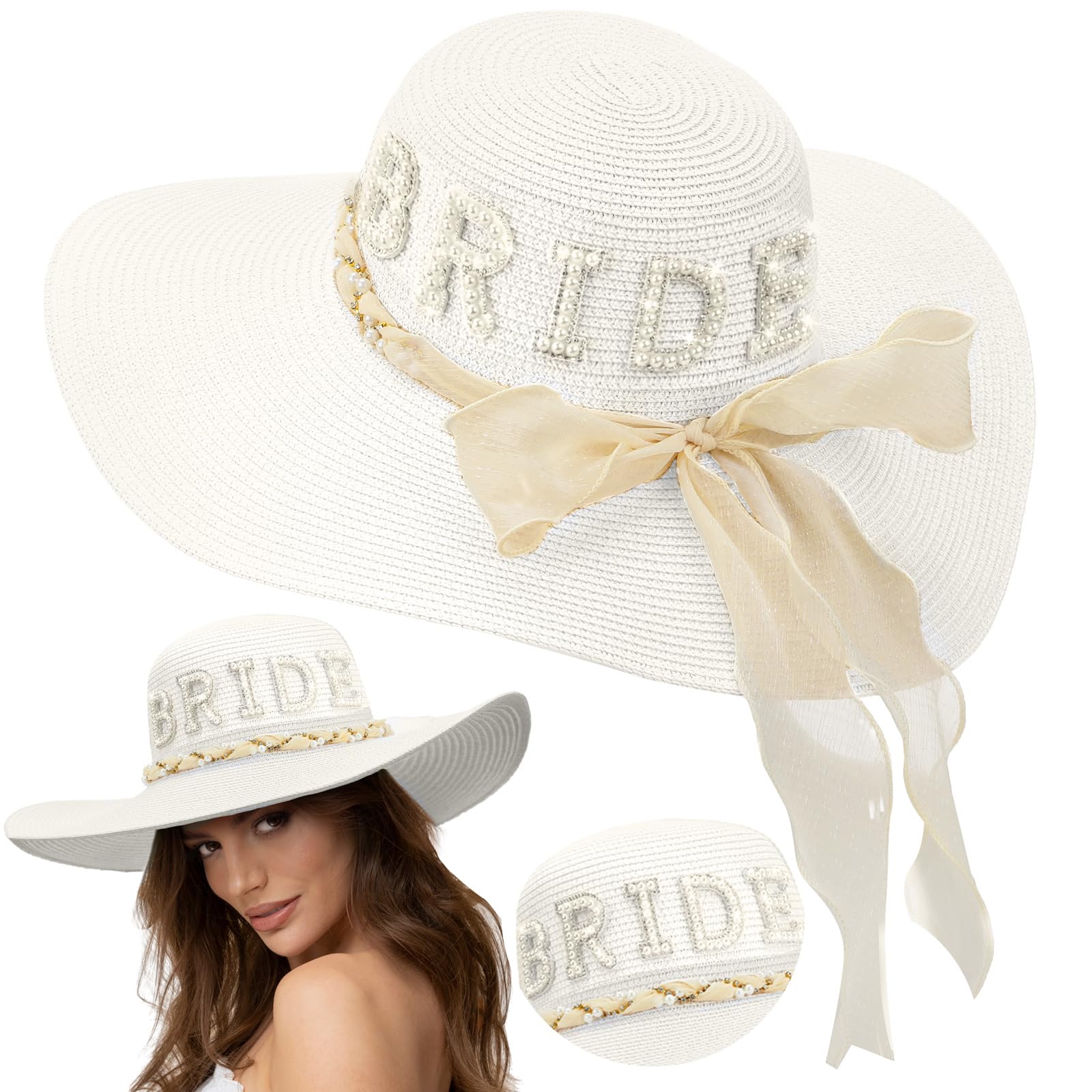 Cozypower Bride Sun Hat Wide Brim Straw Floppy Bride Beach Hat for Women Bridal Honeymoon Wedding Party Engagement