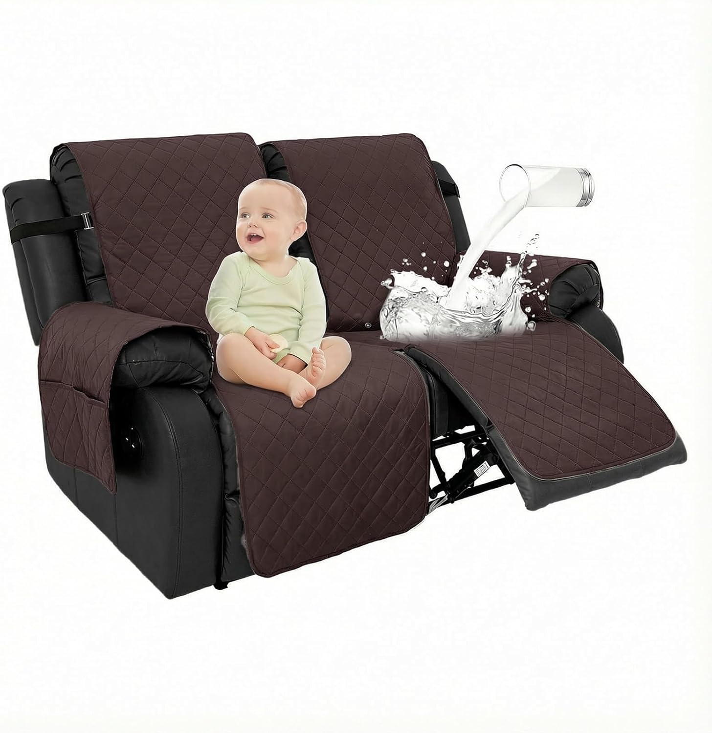 Sofa Covers for Couches and Armchairs - 2 Seater Furniture Protector, Super Soft Recliner Chair Cover with Adjustable Clamping Straps (Coffee Brown)